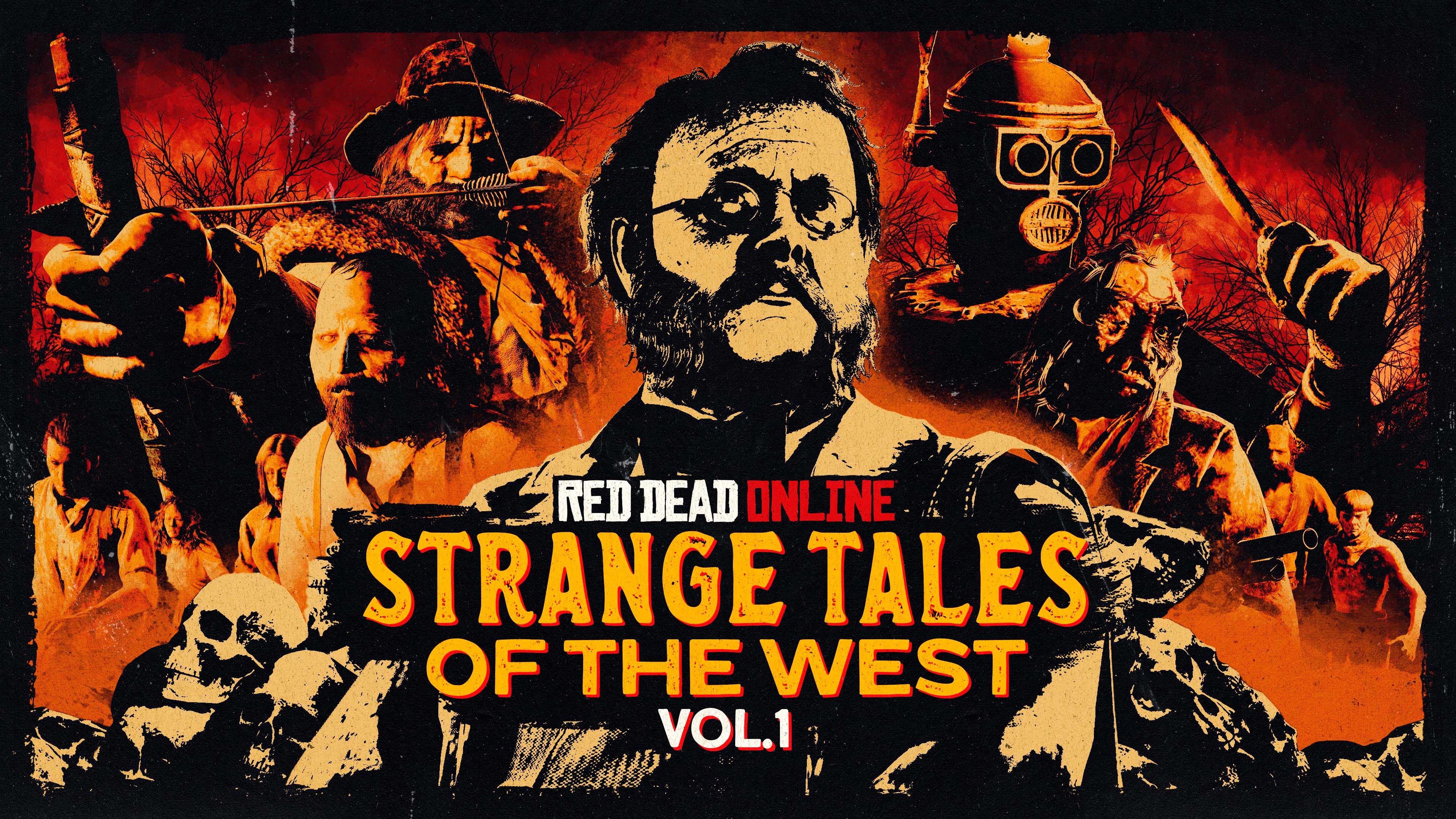 Red Dead Online poster for Strange Tales of the West Volume One, featuring author Theodore Levin surrounded by various characters.