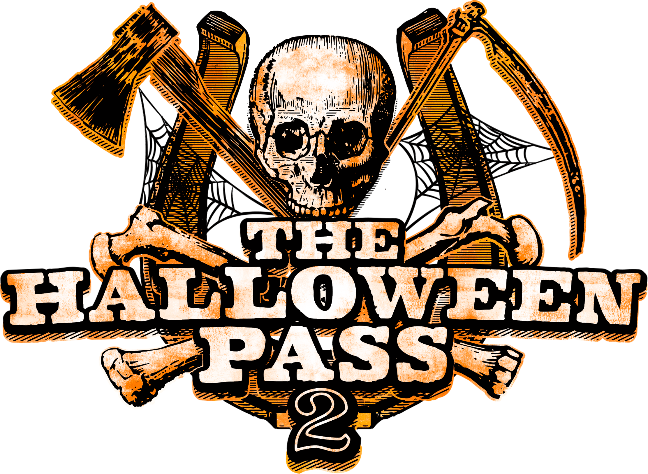 The Halloween Pass 2 logo with a skull and crossbones, an axe, horseshoe, and a scythe connected by cobwebs.