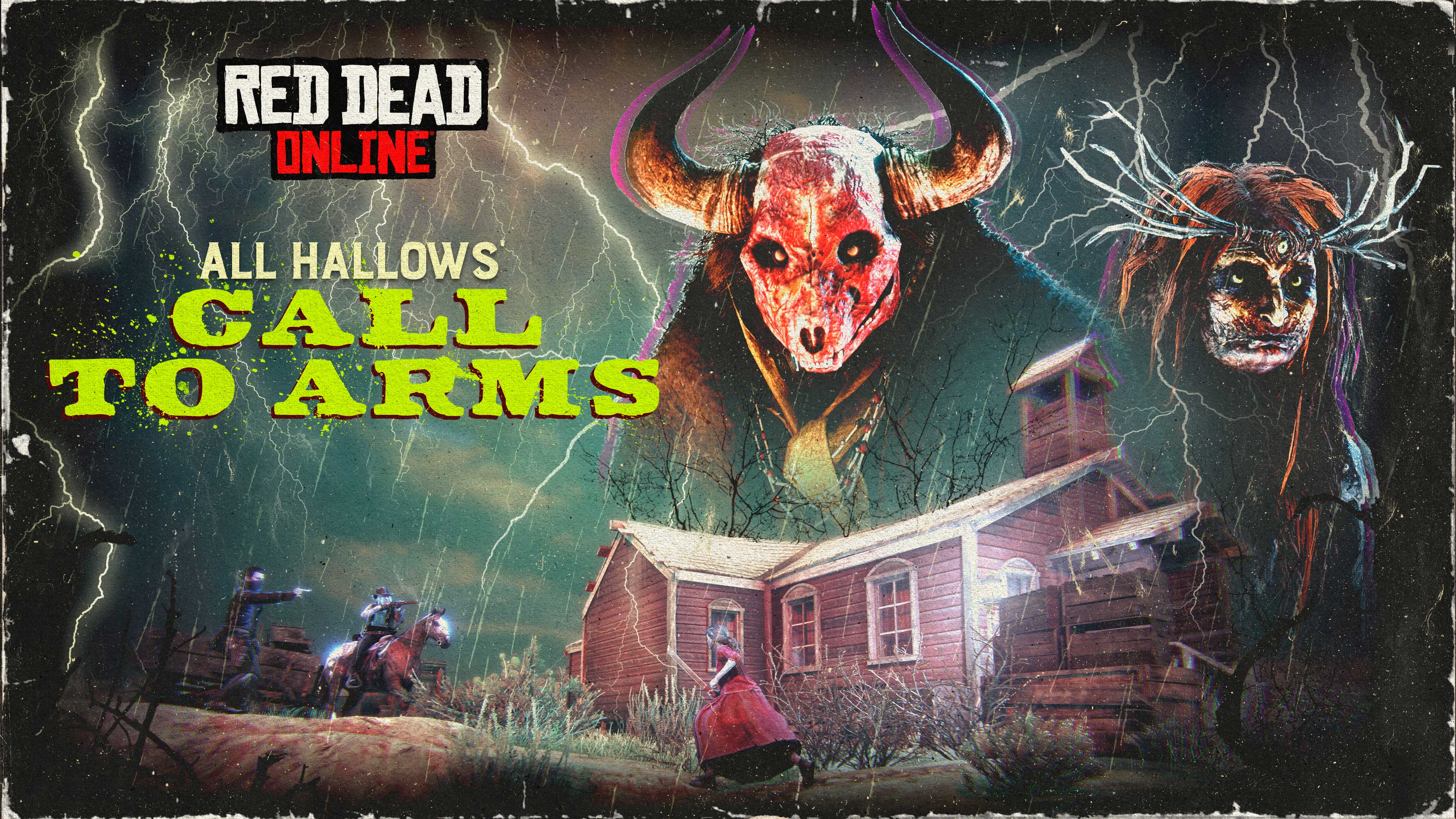 All Hallows Call to Arms poster with characters shooting at a woman holding a blade as a montage of two masked characters tower over a settlement.