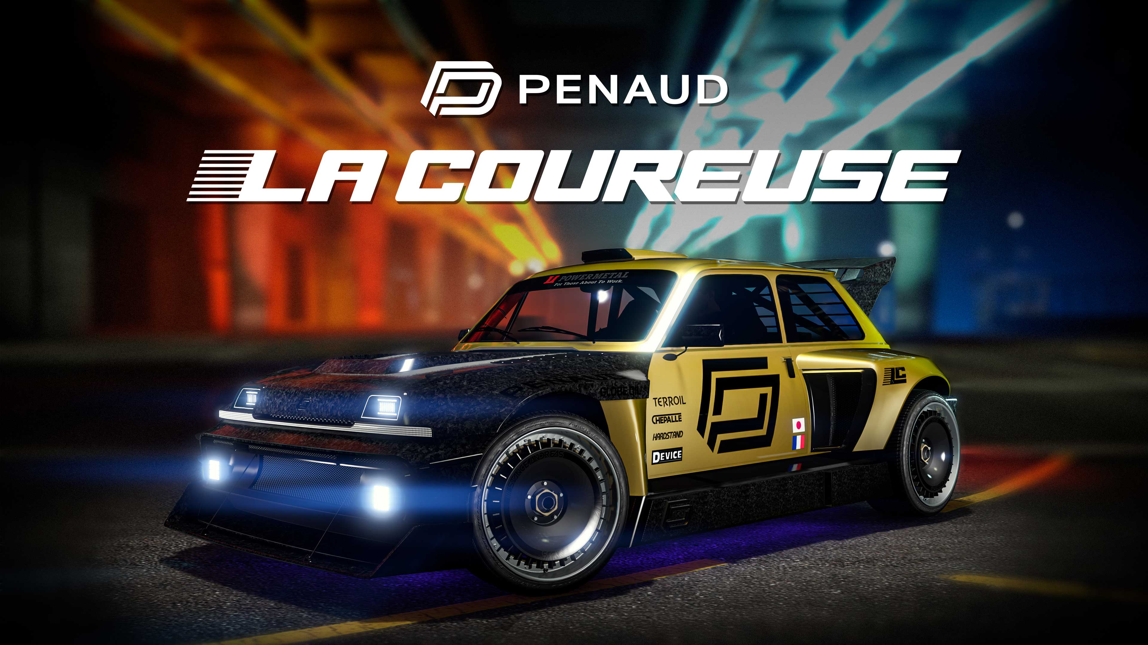 Poster for a gold and black, two-door Penaud La Coureuse car. 