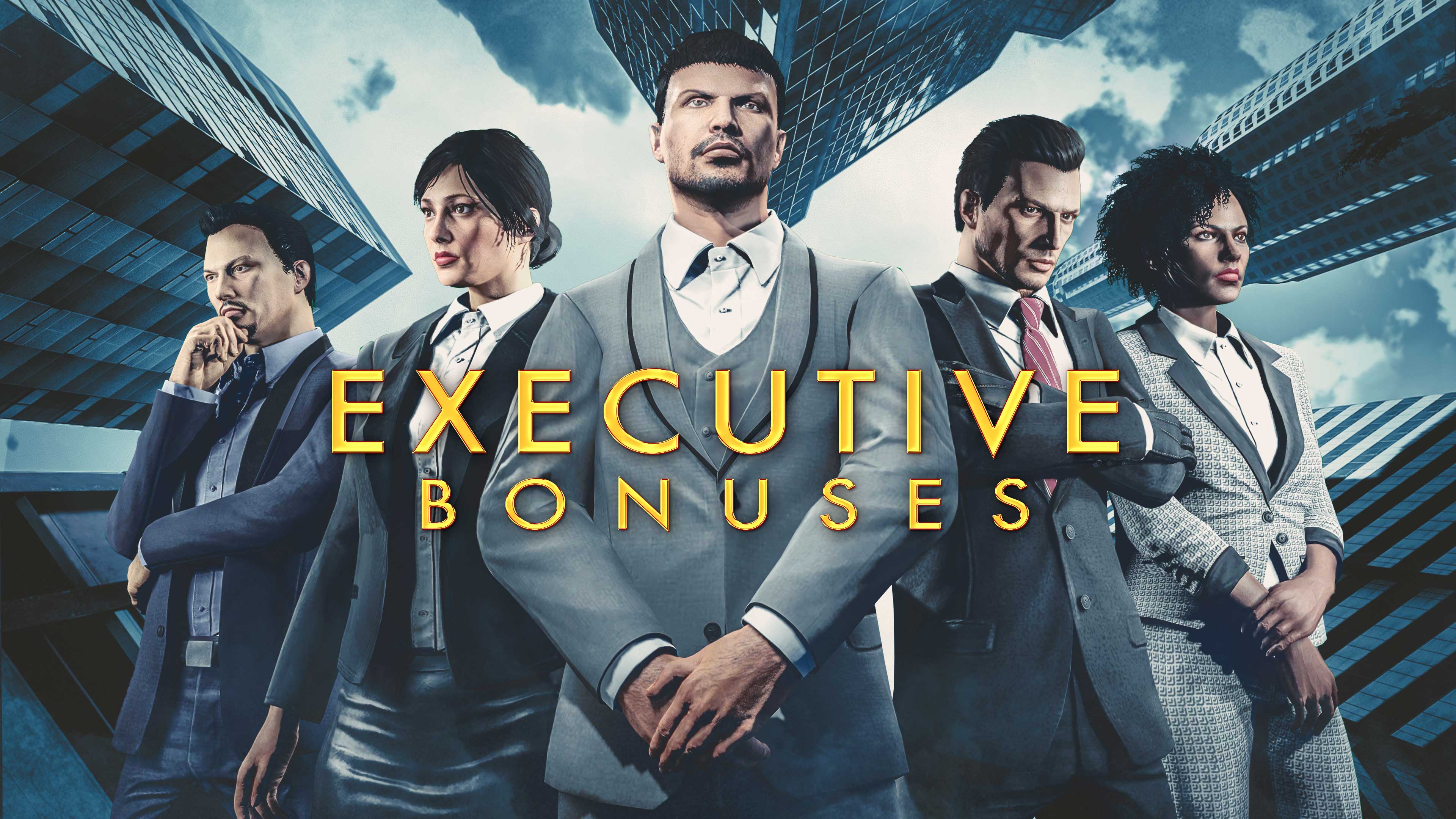 Executive Bonuses poster featuring five executive GTA Online players in business suits standing side by side. 