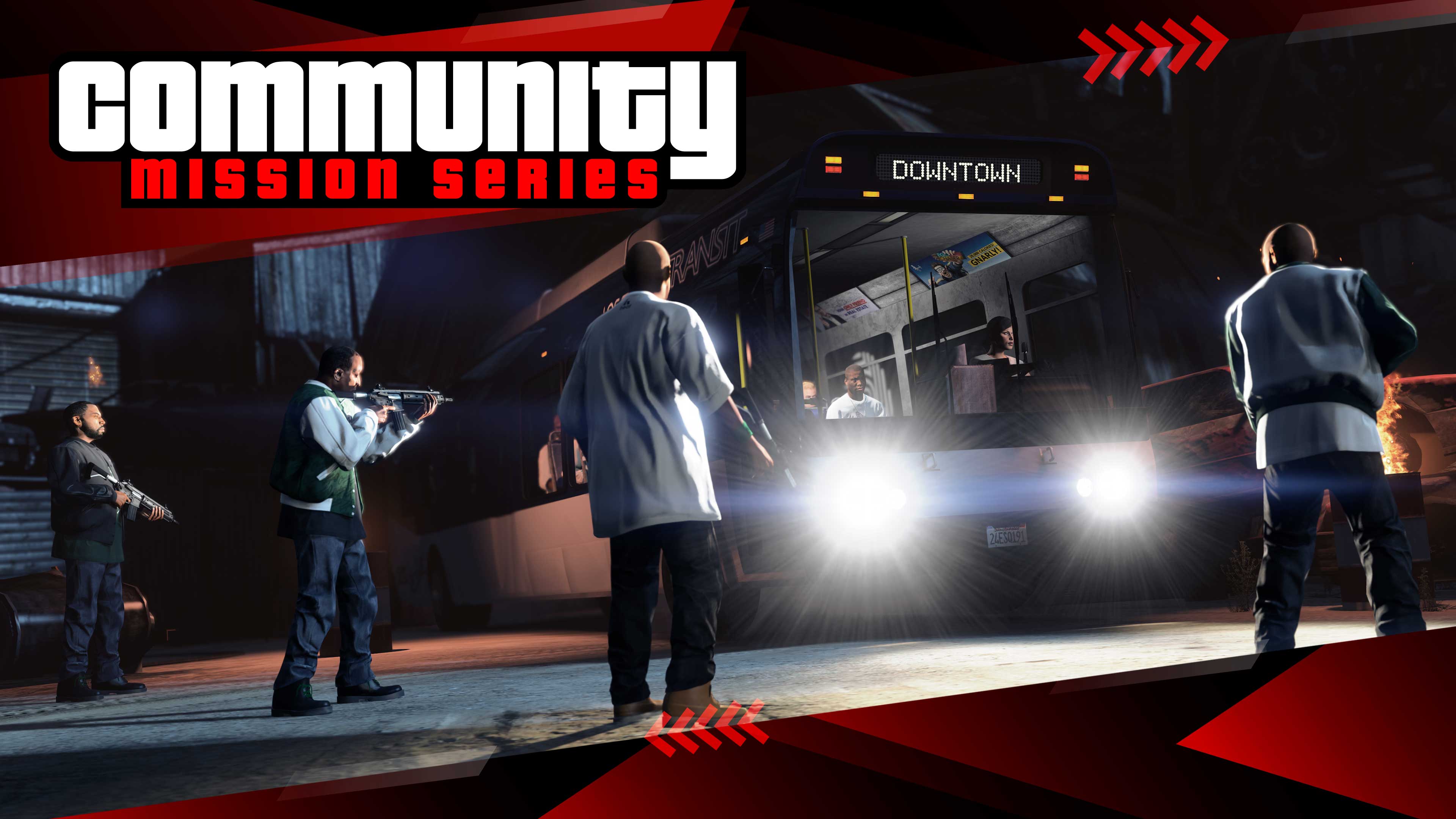 Community Mission Series poster with four armed characters facing an oncoming bus.