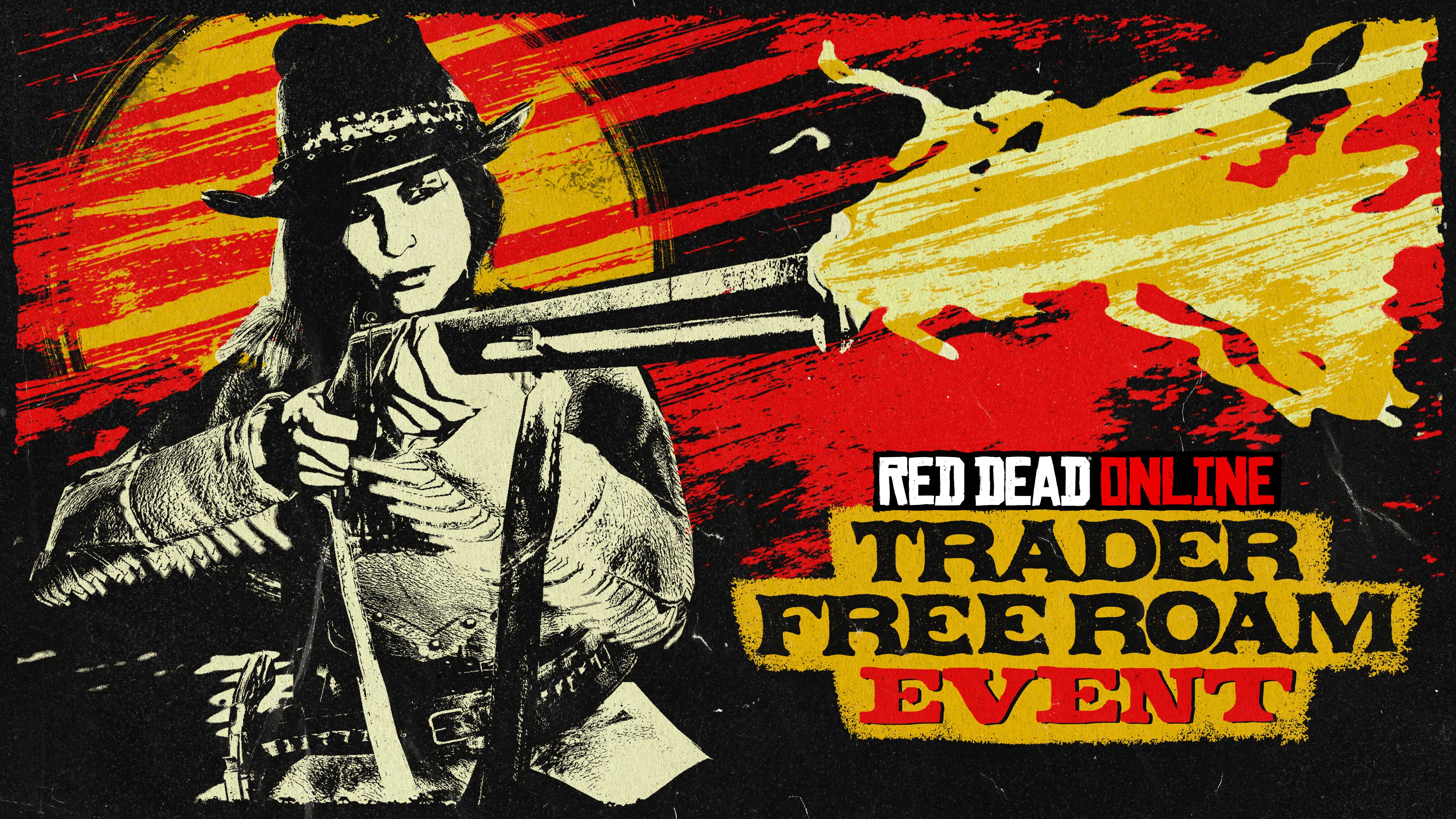 Póster del evento del Modo Libre para comerciantes de Red Dead Online con un personaje disparando un rifle.