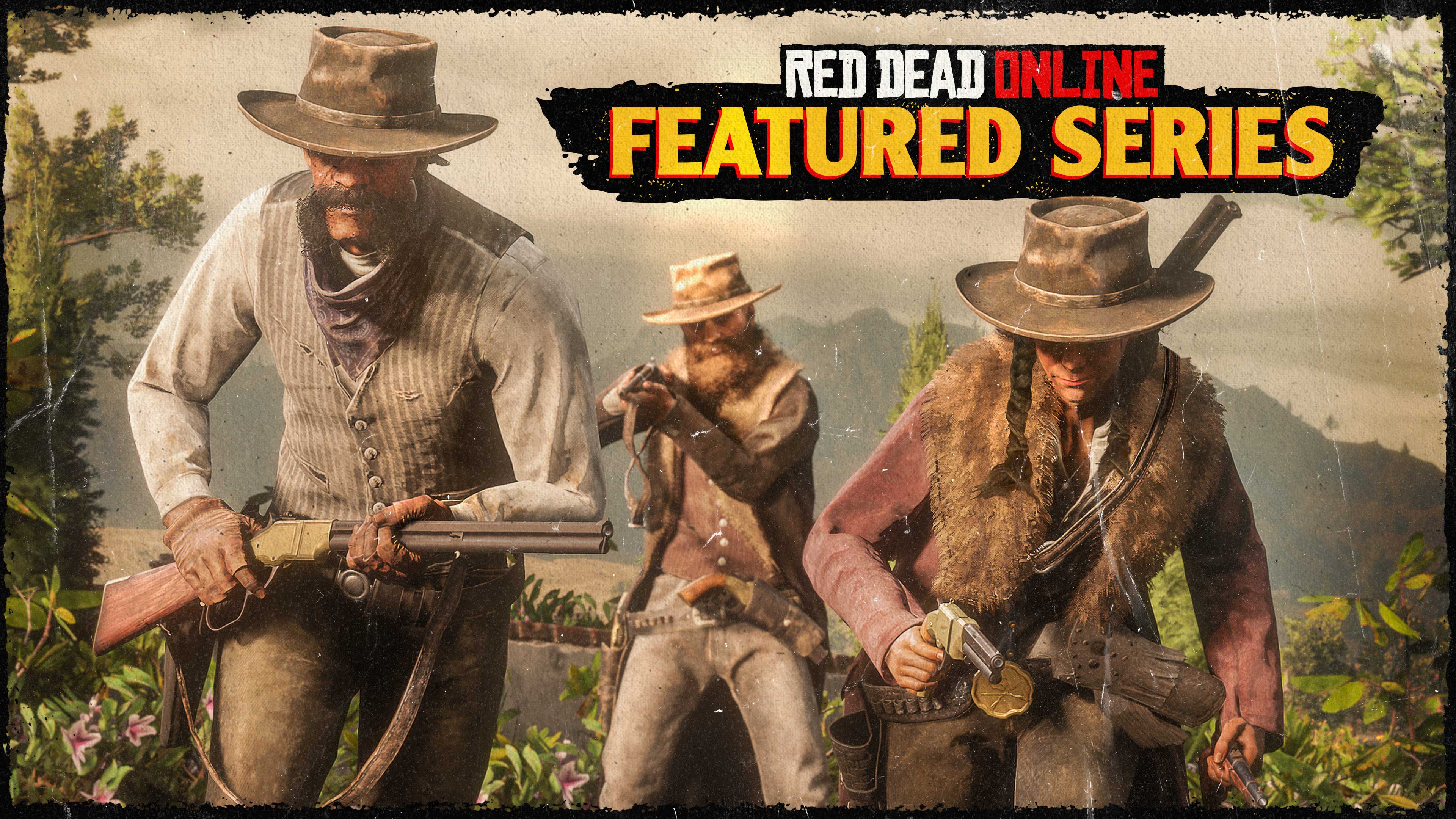 Póster del evento de la serie destacada de Red Dead Online con tres personajes armados. Dos corren mientras otro apunta con su rifle.