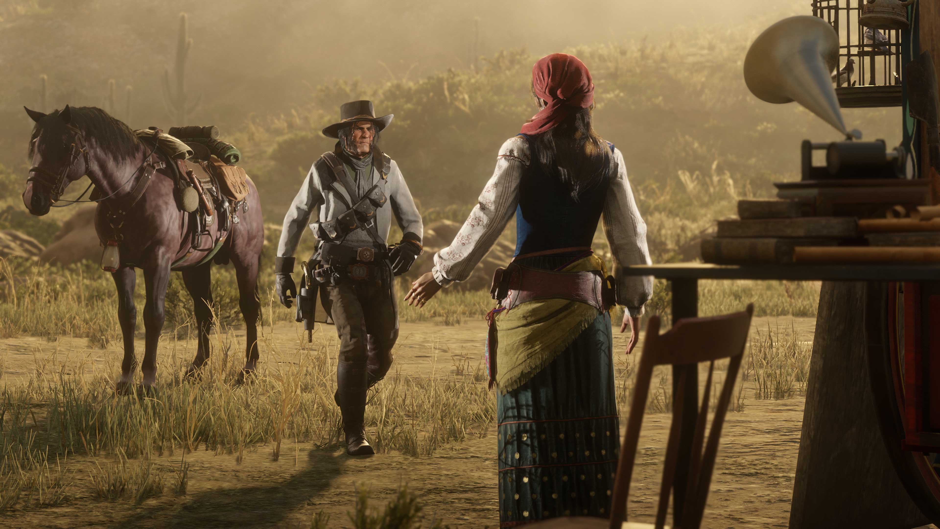Un personaje de Red Dead Online se acerca al campamento de Madam Nazar.