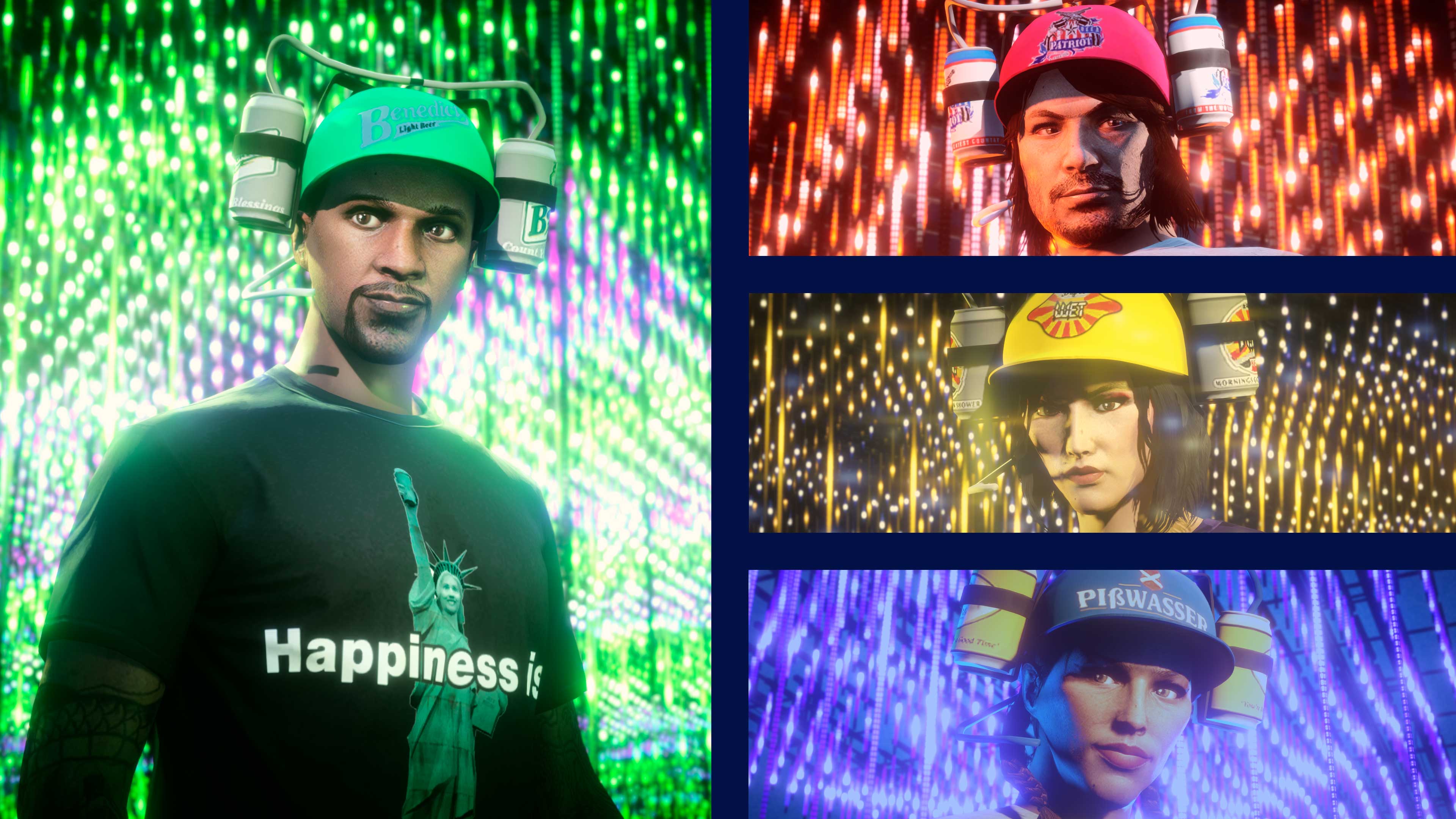 immagini di personaggi di GTA Online con cappelli da birra