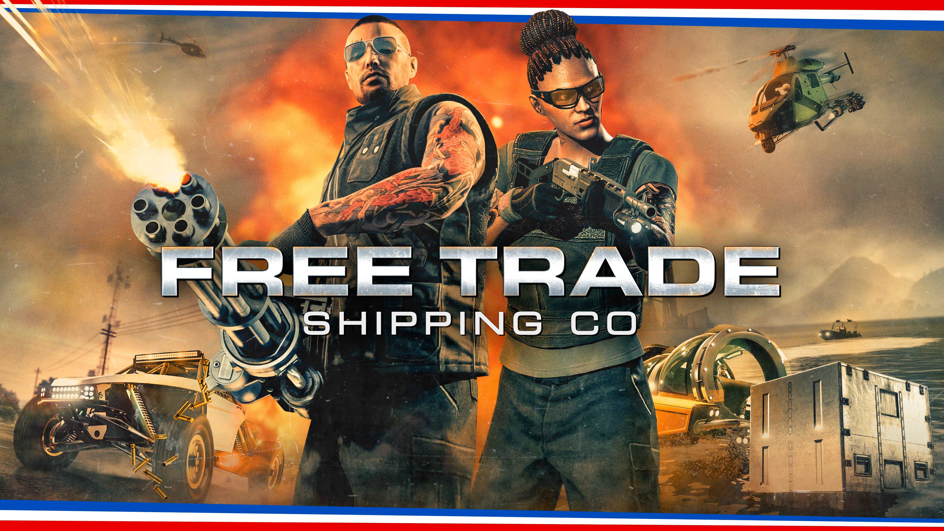 logo Free Trade Shipping Co., persone con armi e un elicottero in volo