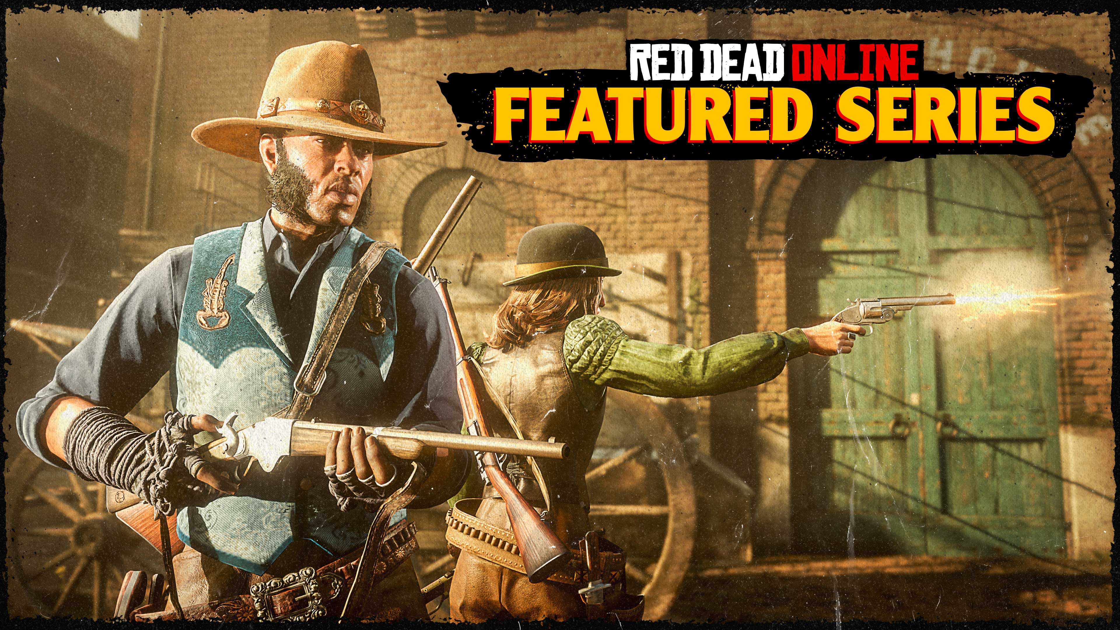 Póster de las series destacadas de Red Dead Online con dos jugadores en línea durante un modo Enfrentamiento.