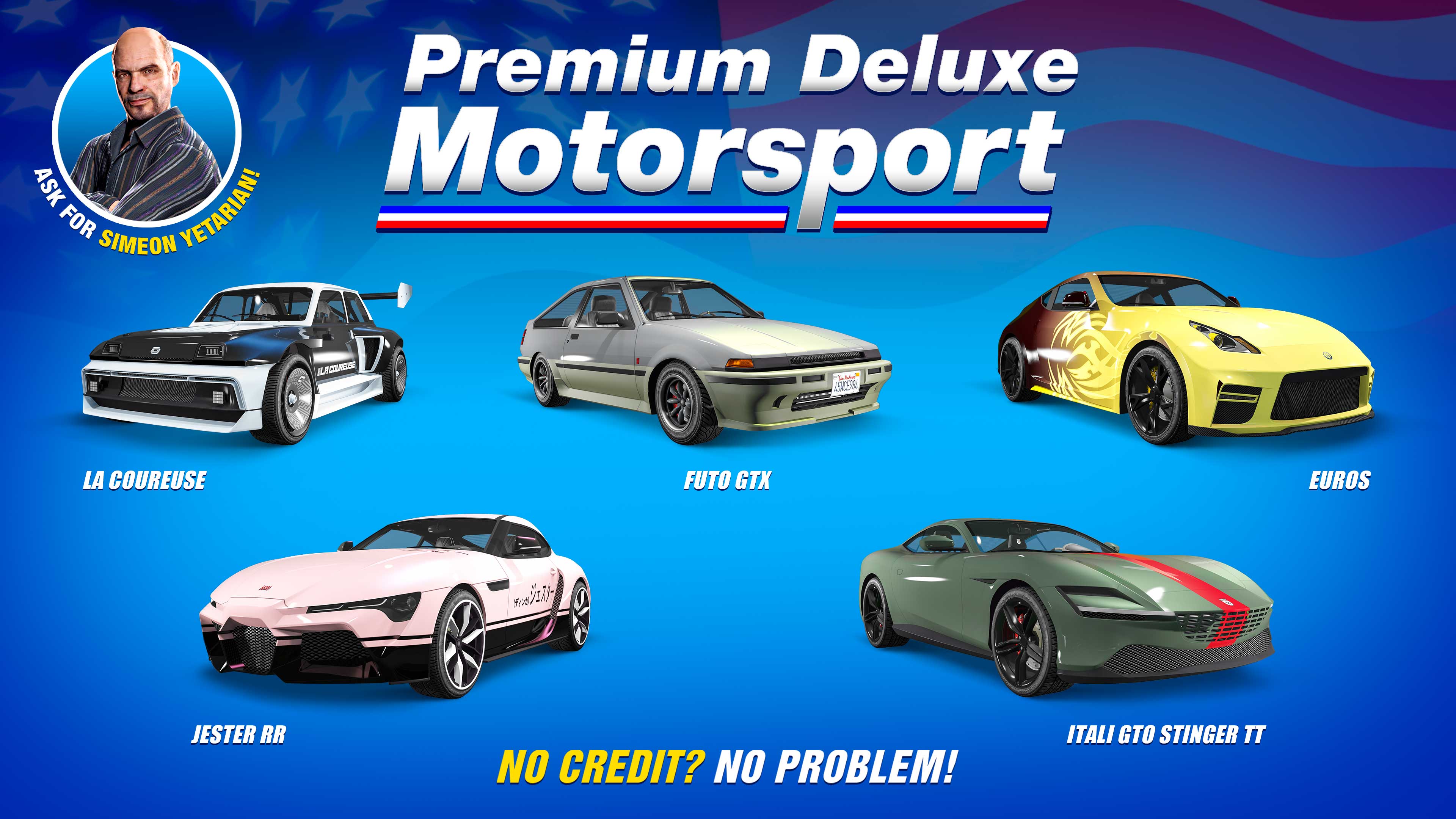 Pôster com cinco veículos da Premium Deluxe Motorspot: Karin Futo GTX, Annis Euros, Dinka Jester RR, Penaud La Coureuse, Grotti Itali GTO Stinger TT.