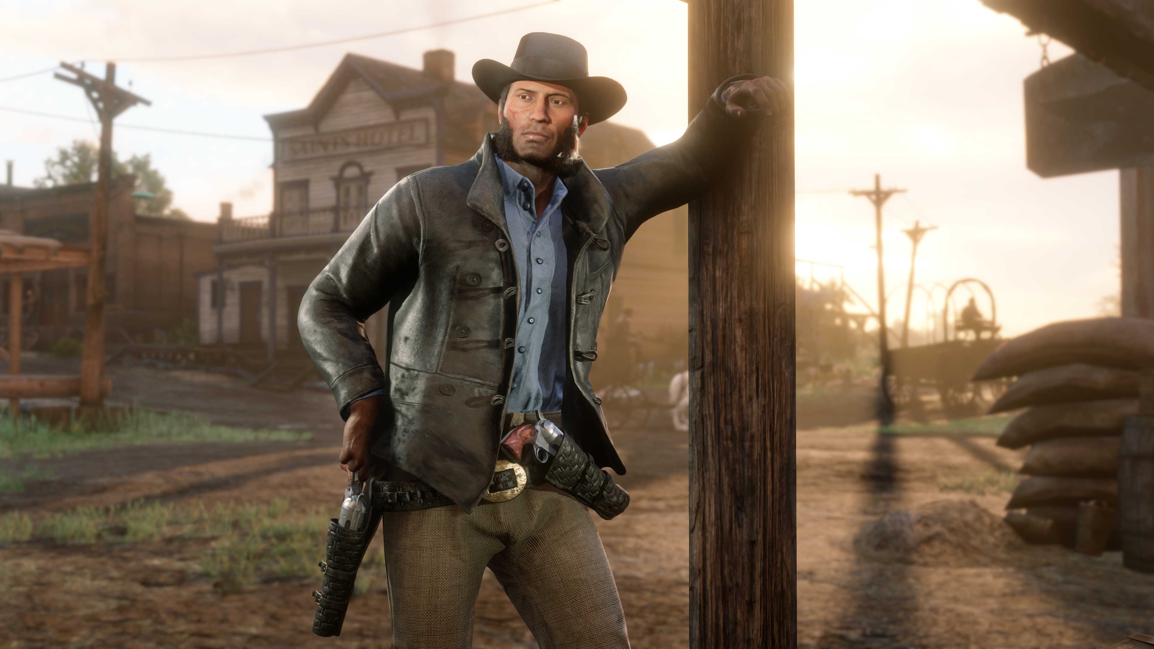 screenshot of Red Dead Online character leaning against a post