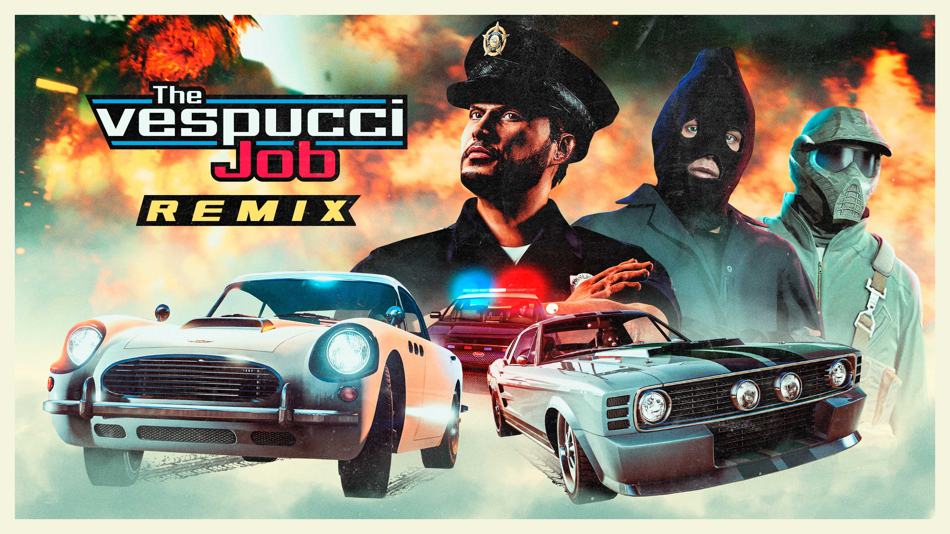 Pôster de Fuga de Mestre (Remix) com dois carros fugindo de um Interceptor policial. Uma montagem com três personagens, sendo um policial e dois usando máscaras.