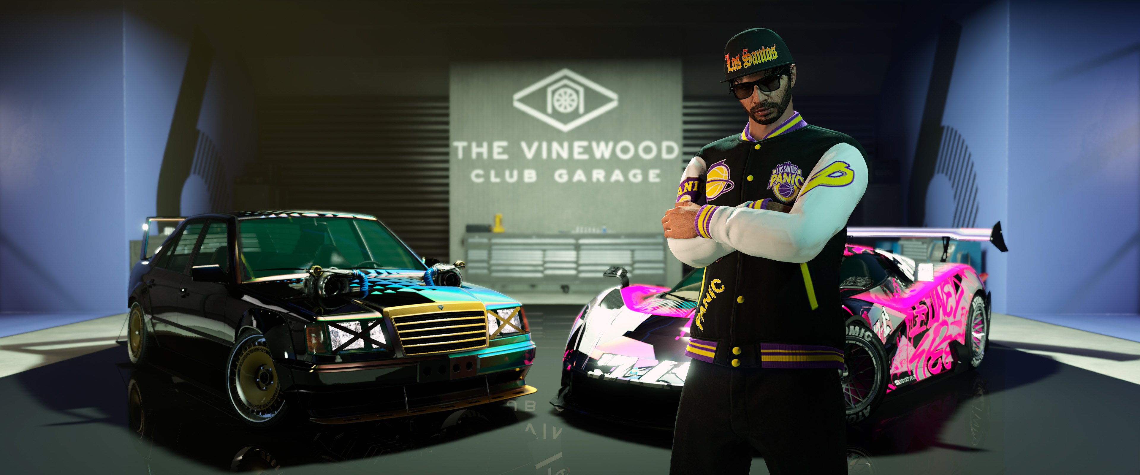 A GTA Online character stands in front of two vehicles in The Vinewood Club Garage. 