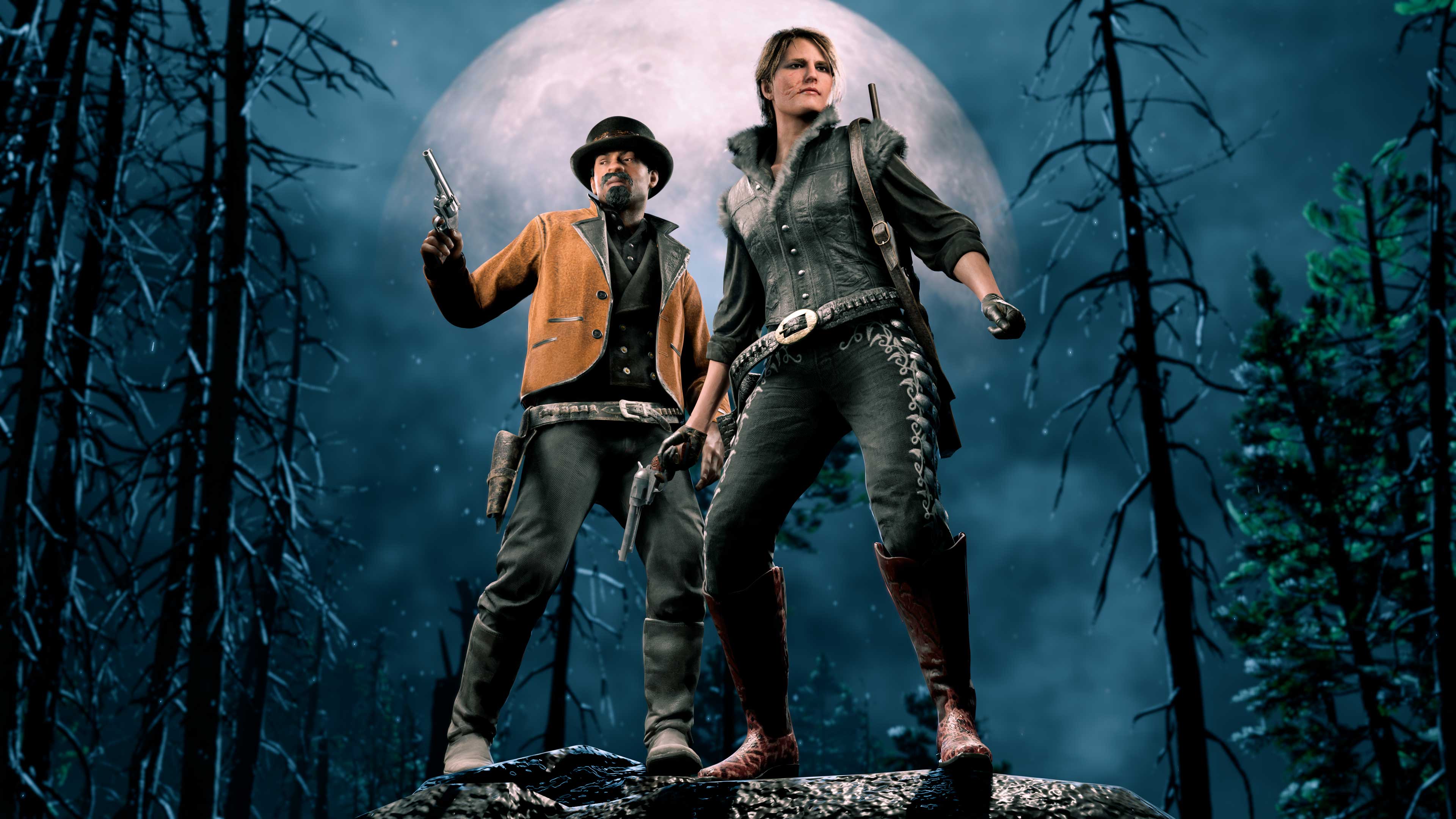 Dois personagens de Red Dead Online em pé sobre uma rocha em frente a uma grande lua cheia usando diversas peças de vestuário das recompensas disponíveis.