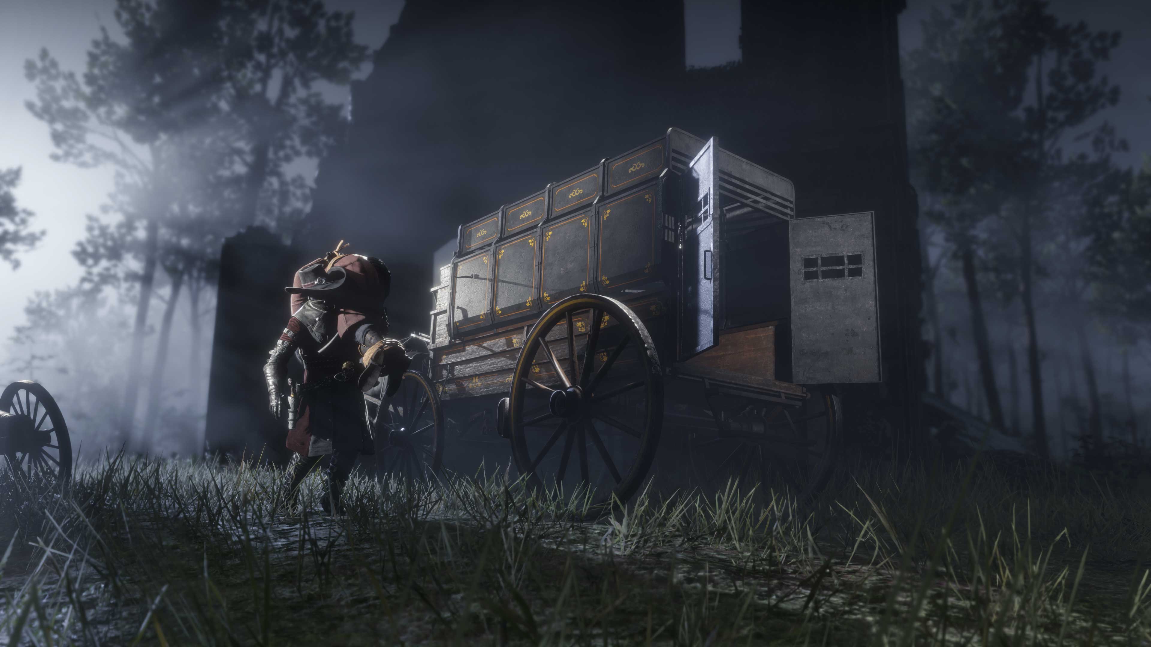 Um Caçador de Recompensas de Red Dead Online carrega uma pessoa amarrada até uma carroça.