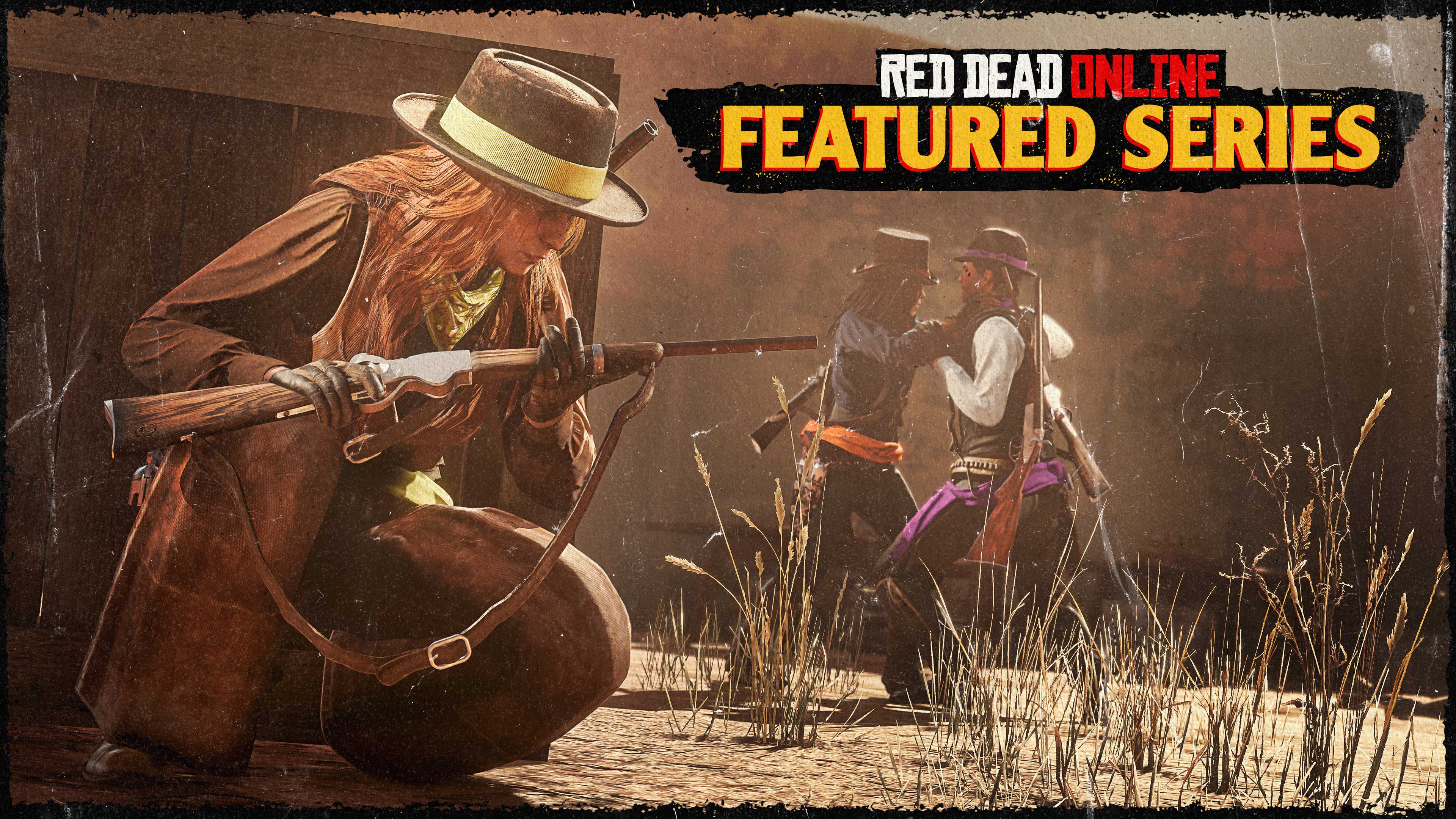 Personagens de Red Dead Online se protegem atrás de cobertura enquanto outros dois lutam.