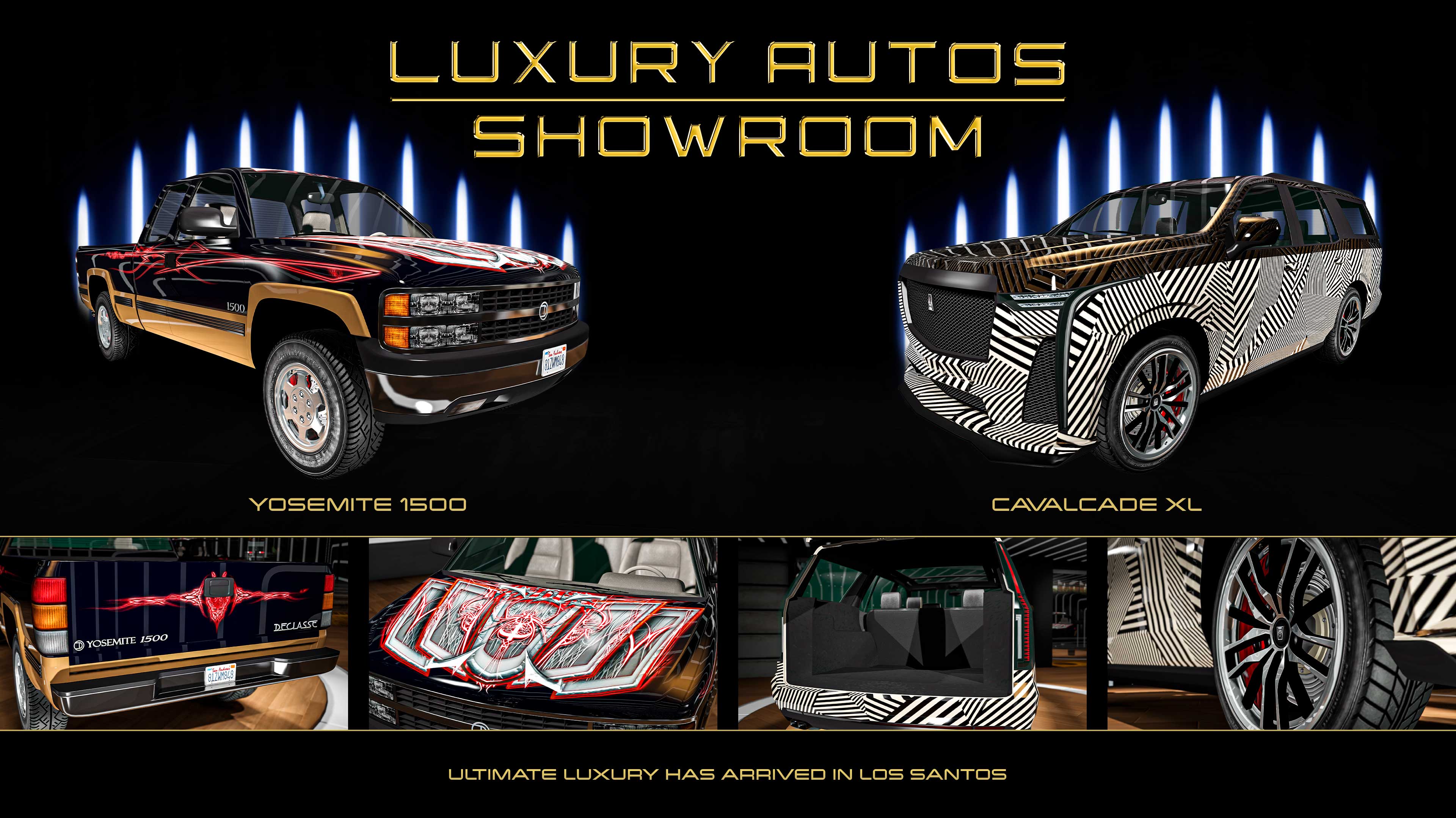 Luxury Autos Showroom poster. Left: A black Declasse Yosemite 1500 pickup truck with golden accents and red line patterns. Right: A five-door Albany Cavalcade XL with a white base and black diagonal patterns, and the top with the same patterns in gold and black. 