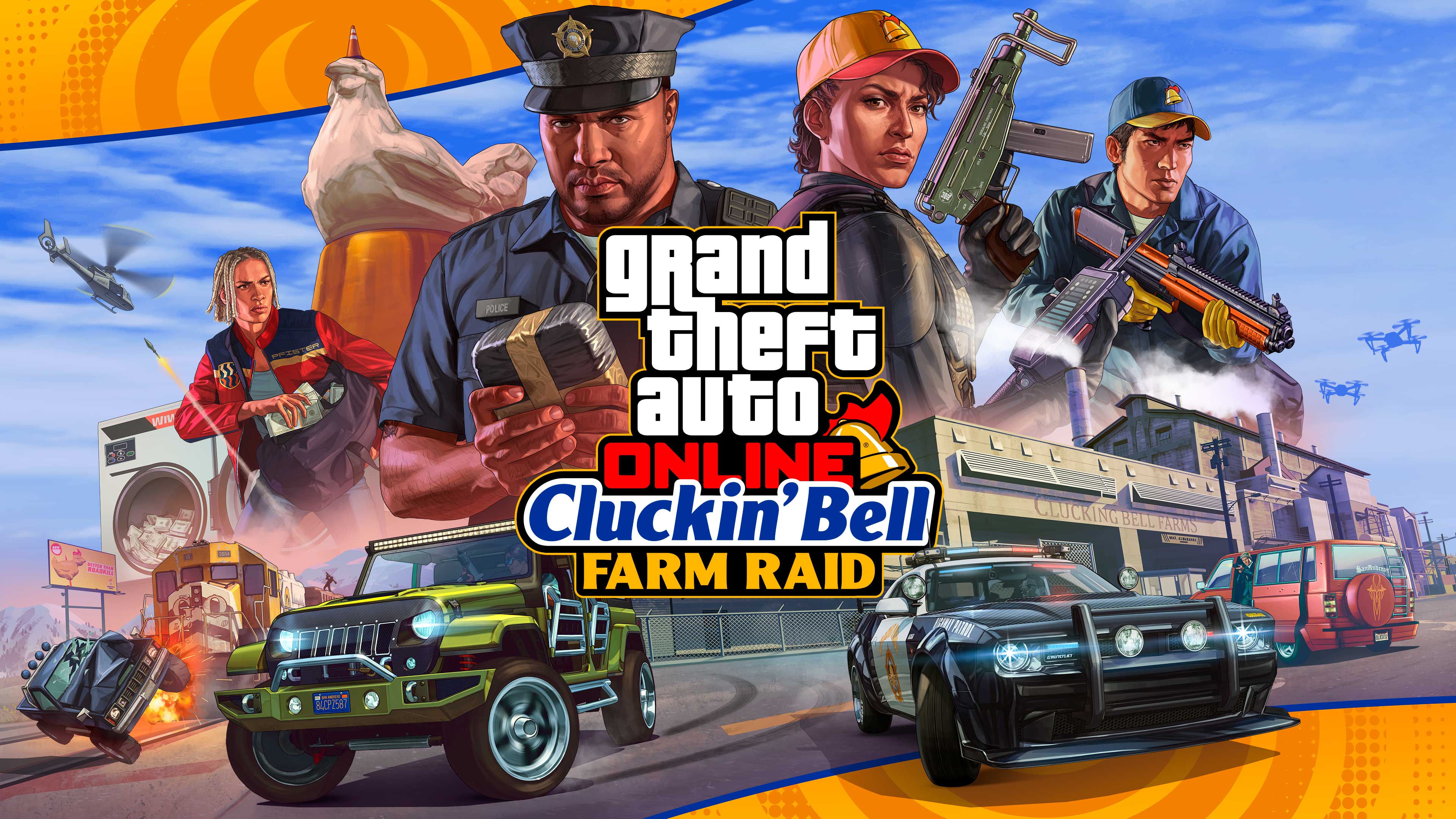 Grand Theft Auto Online: The Cluckin’ Bell Farm Raid poster. Cop Vincent Effenburger is surrounded by various characters and items.