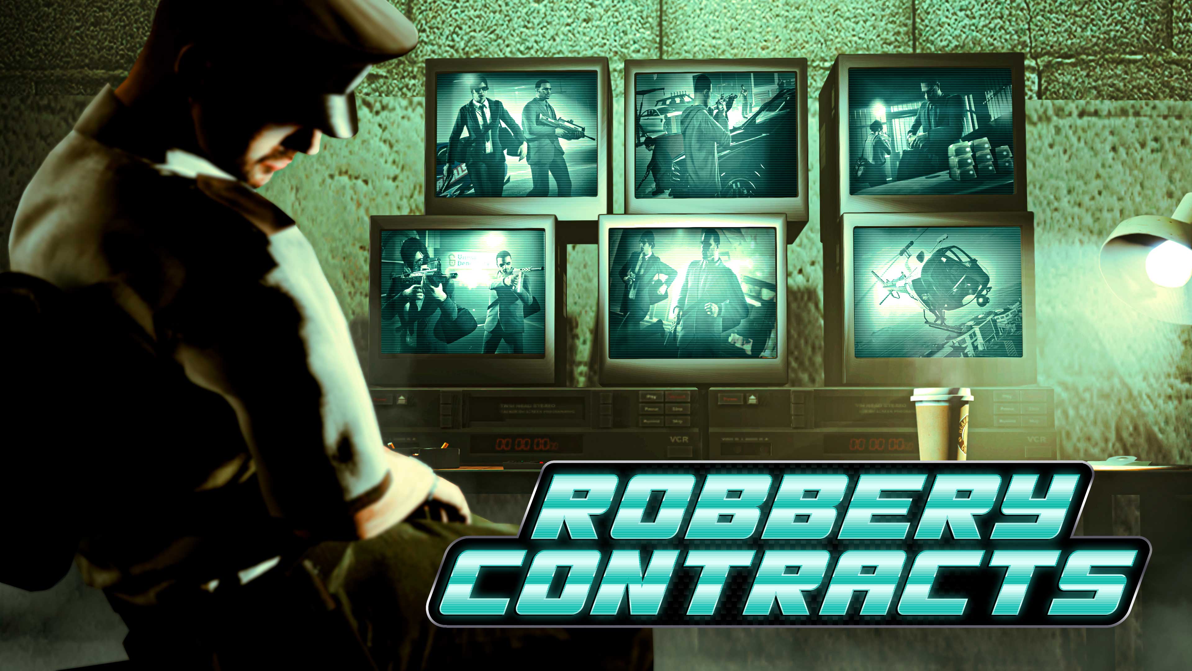 Robbery Contracts event poster with a sleeping guard as armed characters are displayed on CCTV screens. 