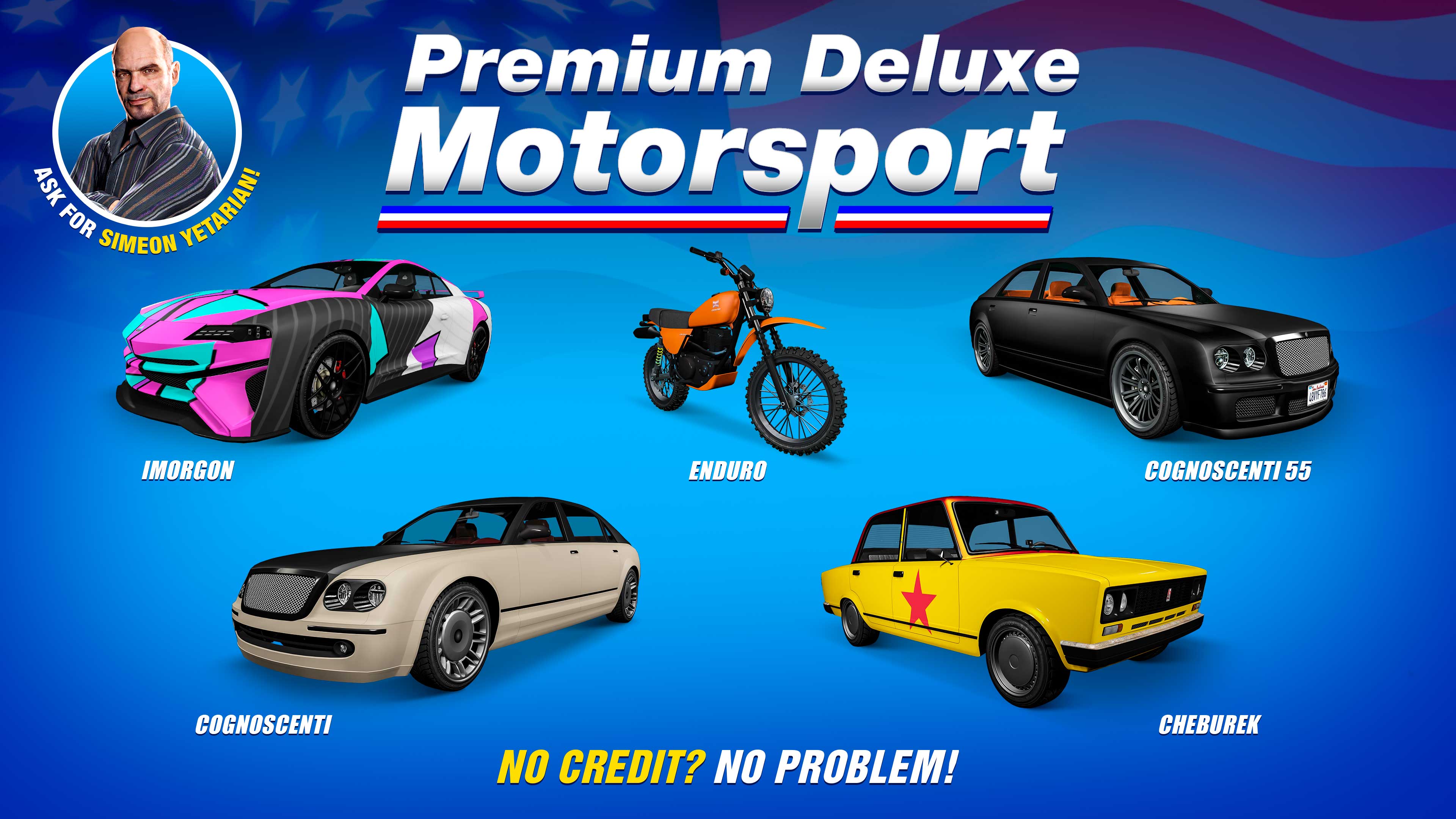 Premium Deluxe Motorsport poster for five vehicles: Överflöd Imorgon, RUNE Cheburek, Dinka Enduro, Enus Cognoscenti, and Enus Cognoscenti 55 