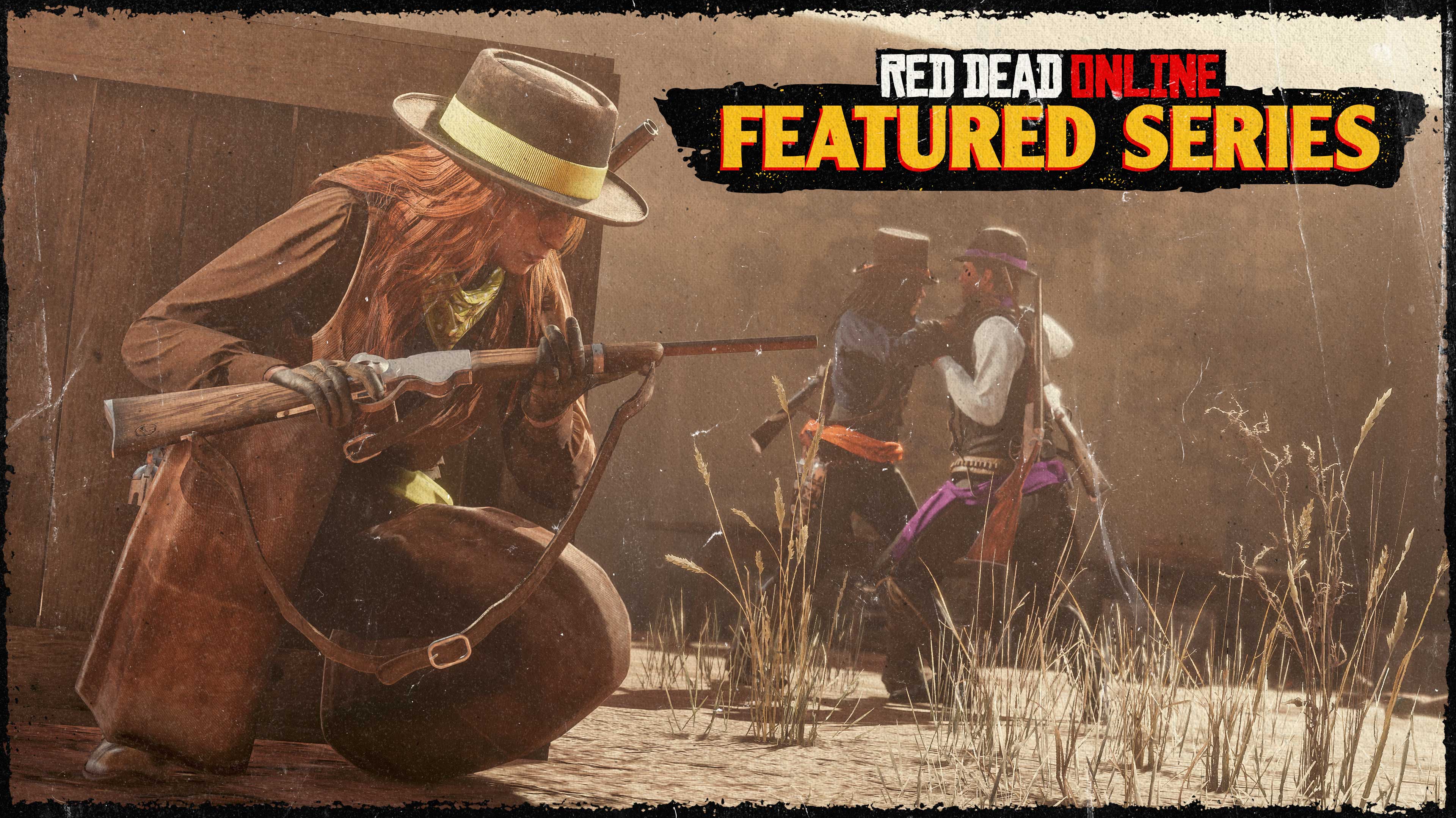 Red Dead Online Featured Series poster with two characters engaged in hand-to-hand combat while another hides, armed with a rifle. 