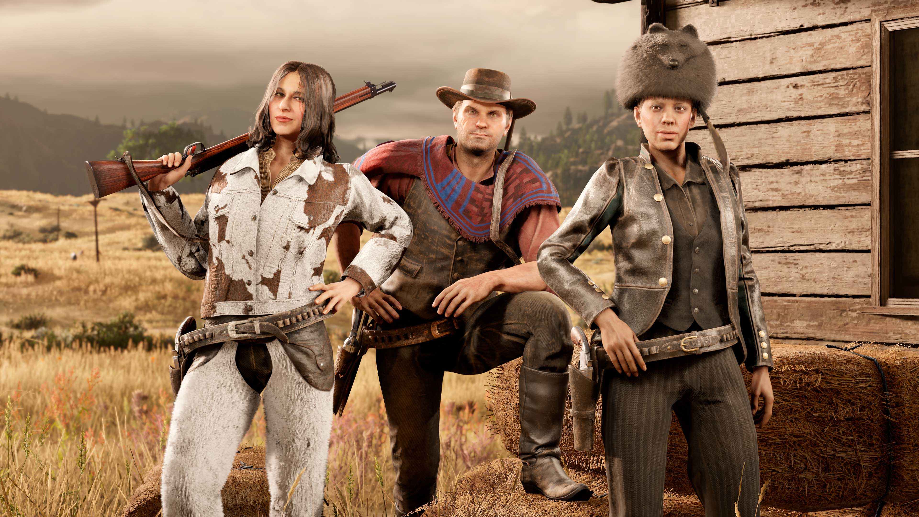 Three characters pose as they wear a variety of exclusive reward clothing. 