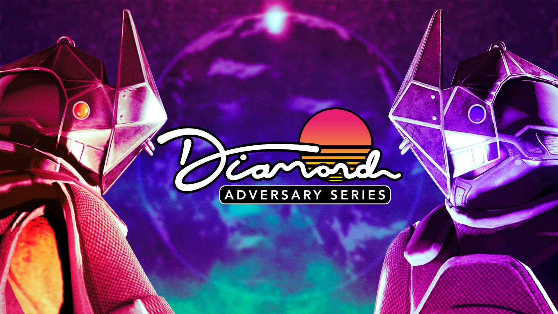 Pôster da Série Adversária do Diamond com dois personagens com trajes blindados combinando com capacetes em forma de diamante, um vermelho e outro roxo.