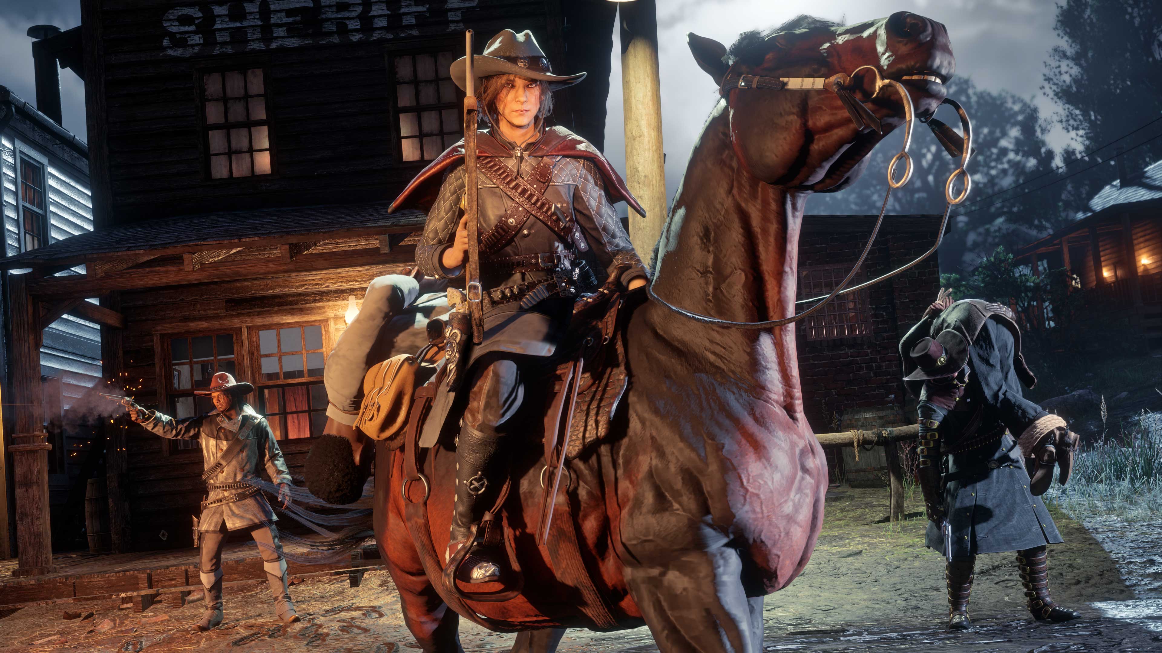 Um personagem de Red Dead Online armado a cavalo, enquanto outro personagem dispara uma arma fora do quadro, e outro carrega uma pessoa amarrada.