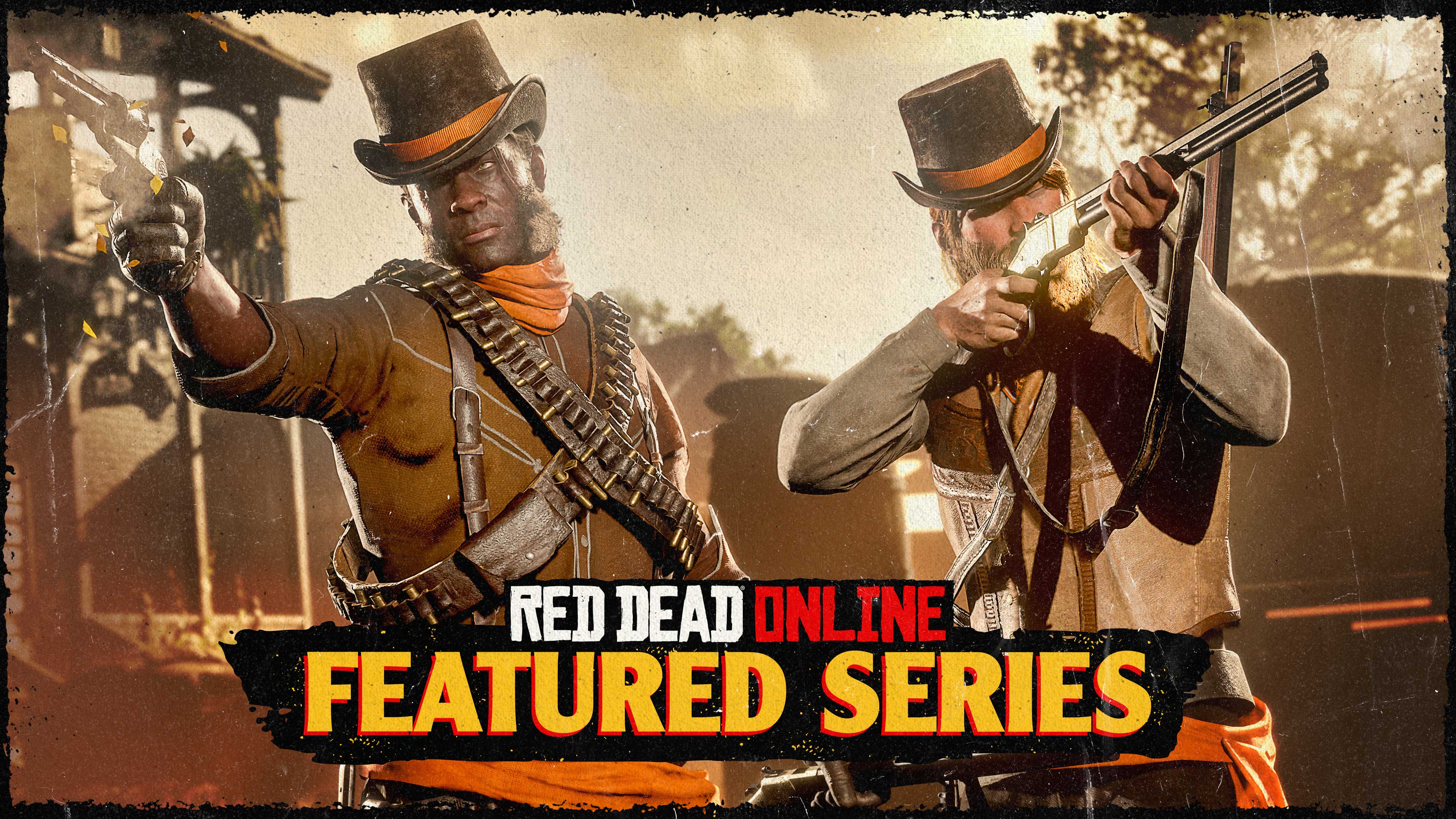 Pôster de uma Série em Destaque no Red Dead Online com dois personagens lado a lado apontando armas para algo fora do quadro.