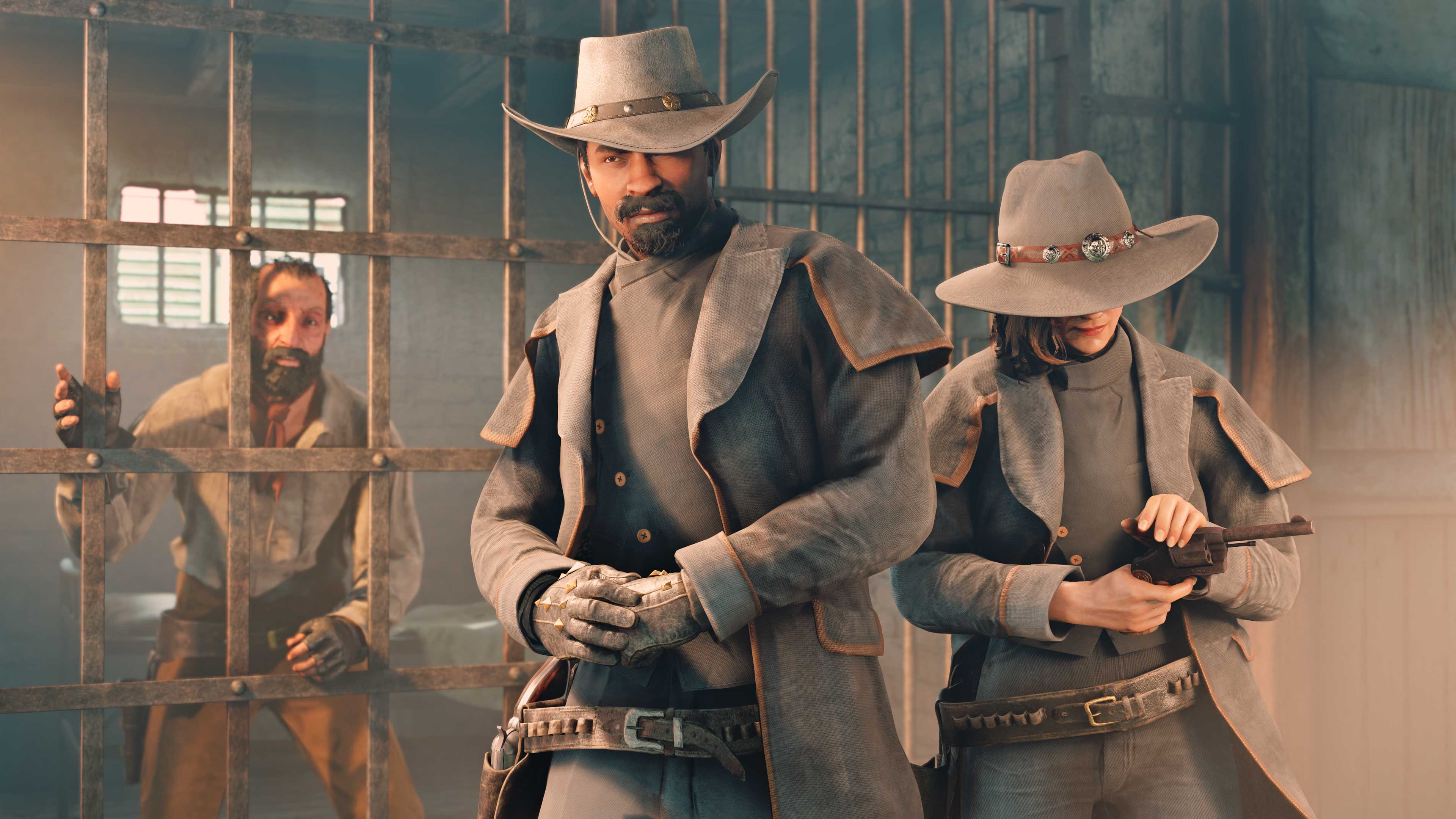 Dois personagens de Red Dead Online posam usando o traje da comunidade montado por Don Mosh.