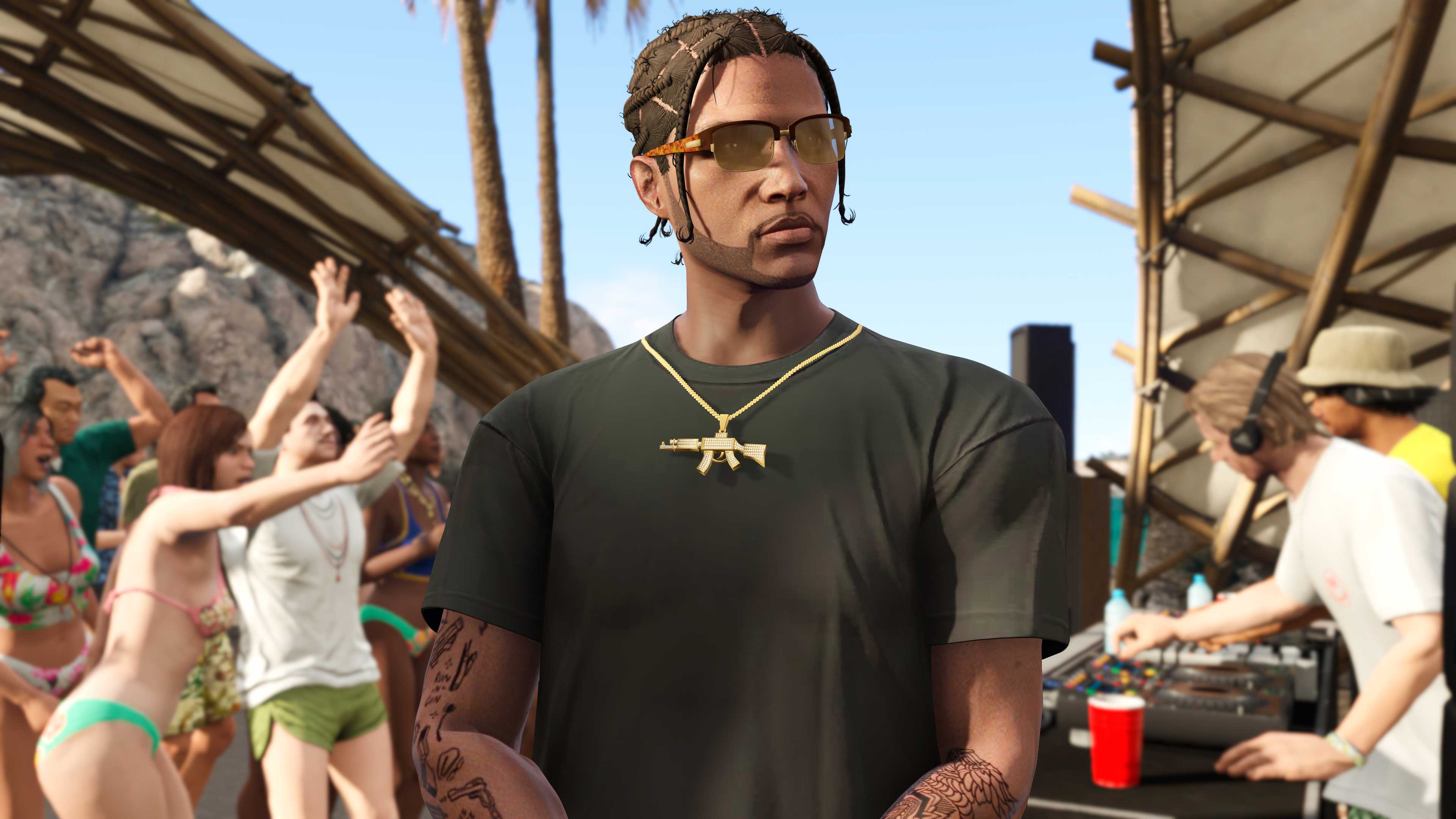Um personagem usando um Colar Arma Ouro