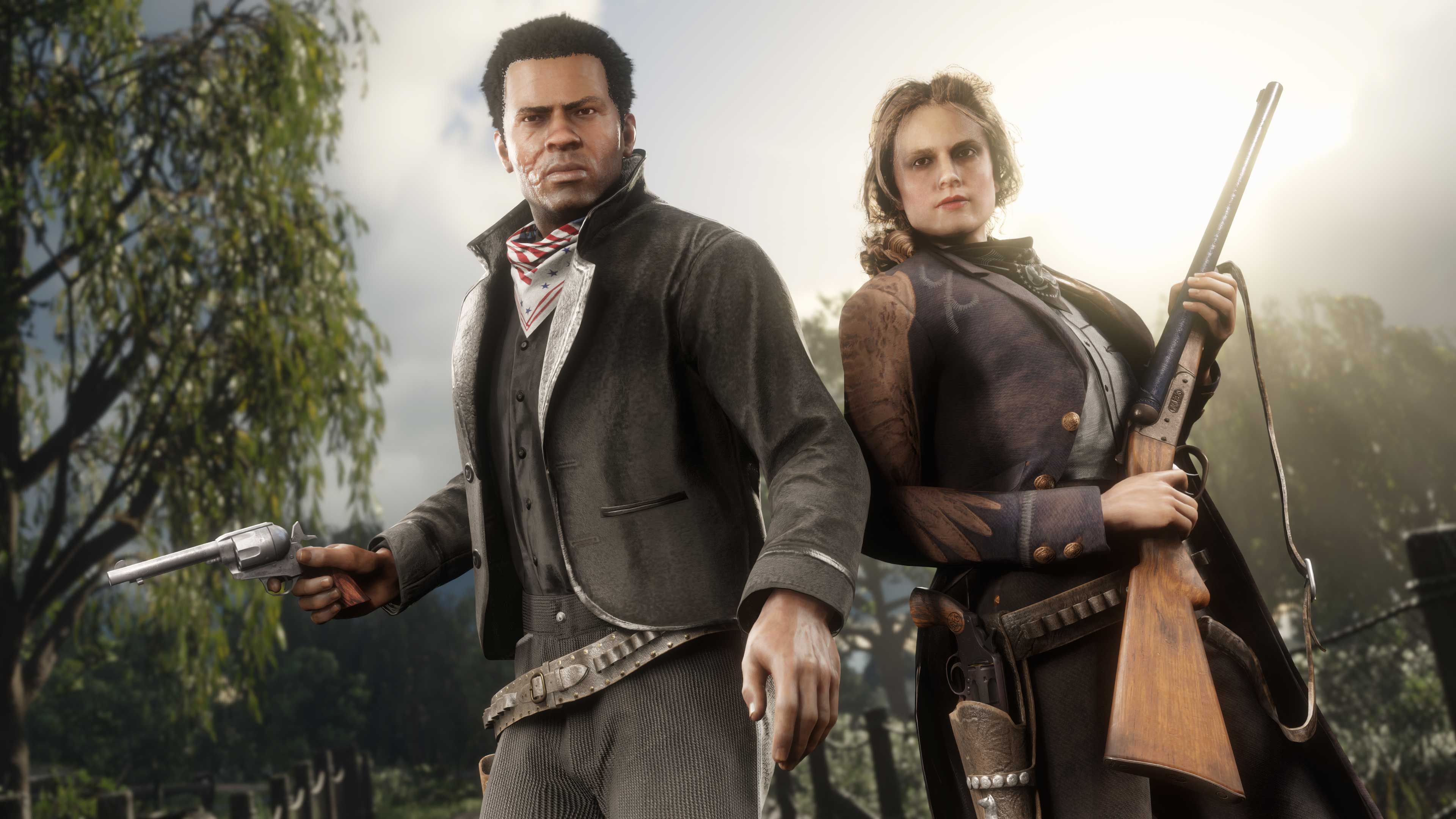 Dois personagens de Red Dead Online posam lado a lado usando as peças de vestuário de volta por tempo limitado.