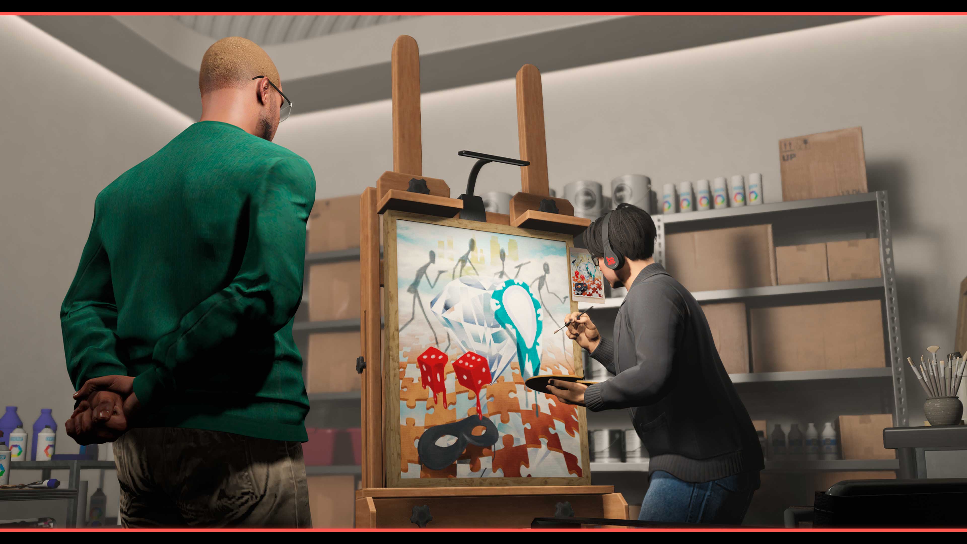 Um personagem de GTA Online observa um falsificador pintar uma tela dentro do Estúdio de Arte.