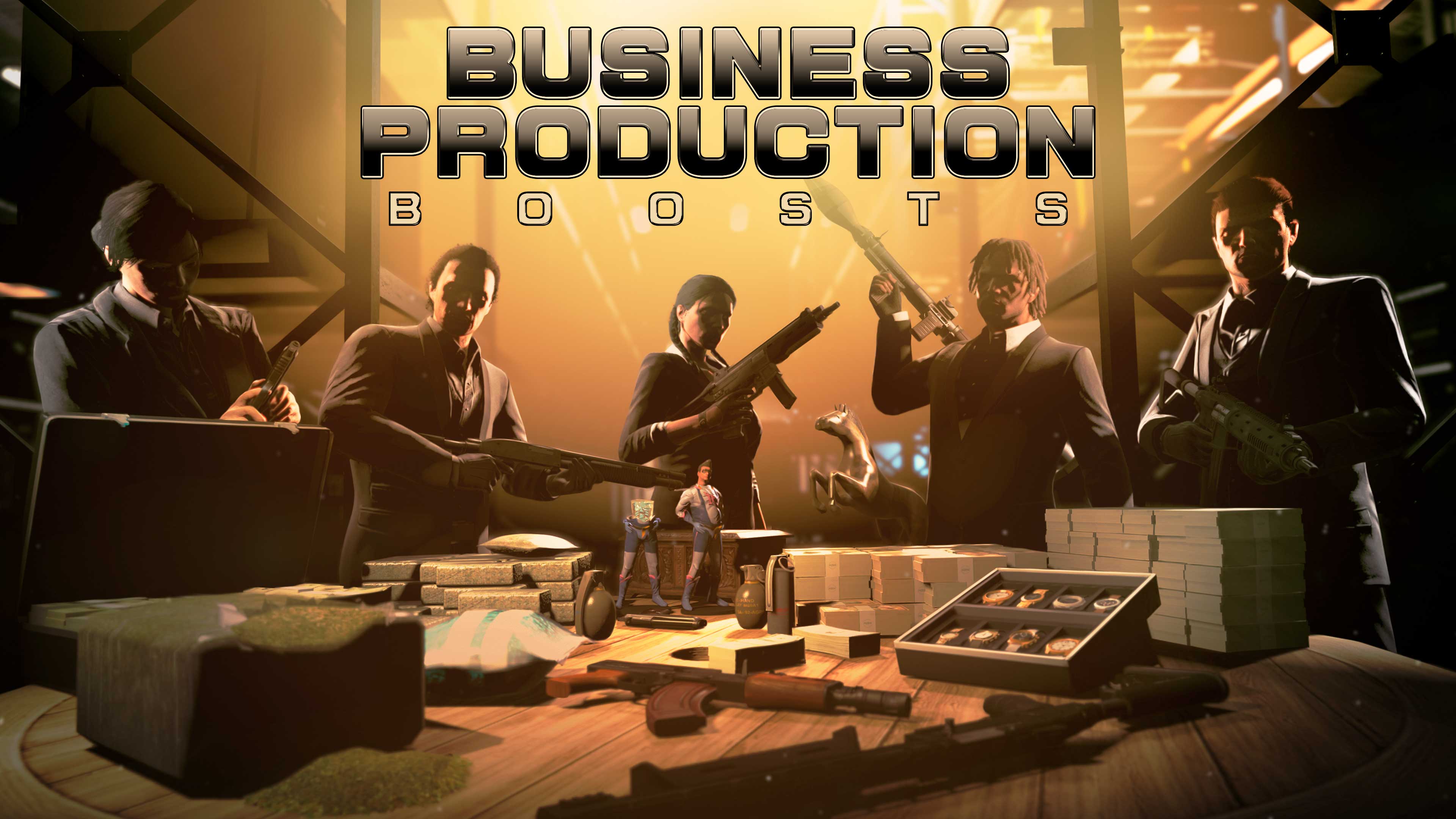 Pôster de Velocidades de produção aumentadas nos esquemas. Cinco personagens de GTA Online vestindo ternos ao redor de uma mesa com armas, dinheiro, drogas e raridades.