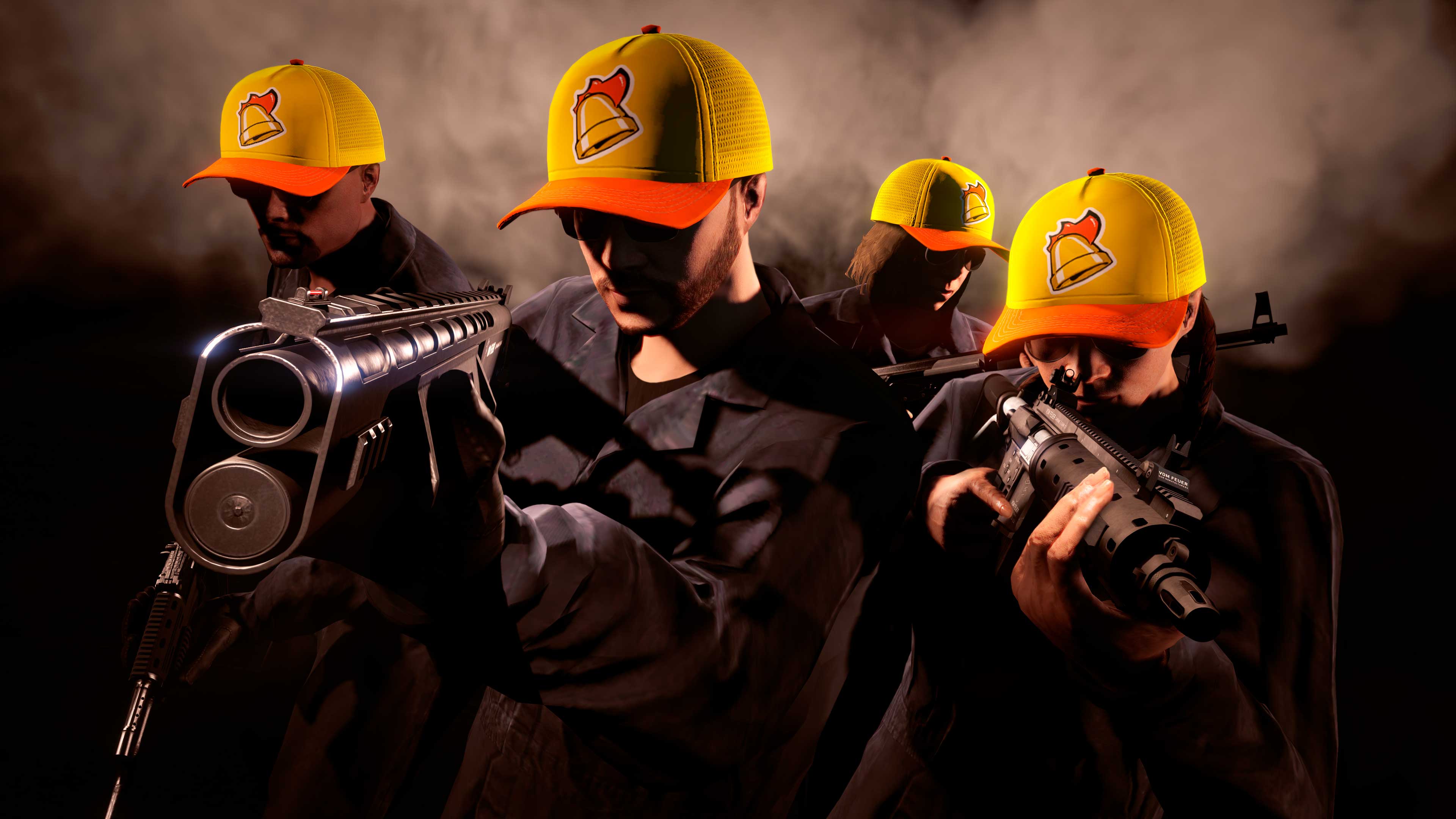 Cuatro jugadores armados de GTA Online con gorras de Cluckin' Bell amarillas.