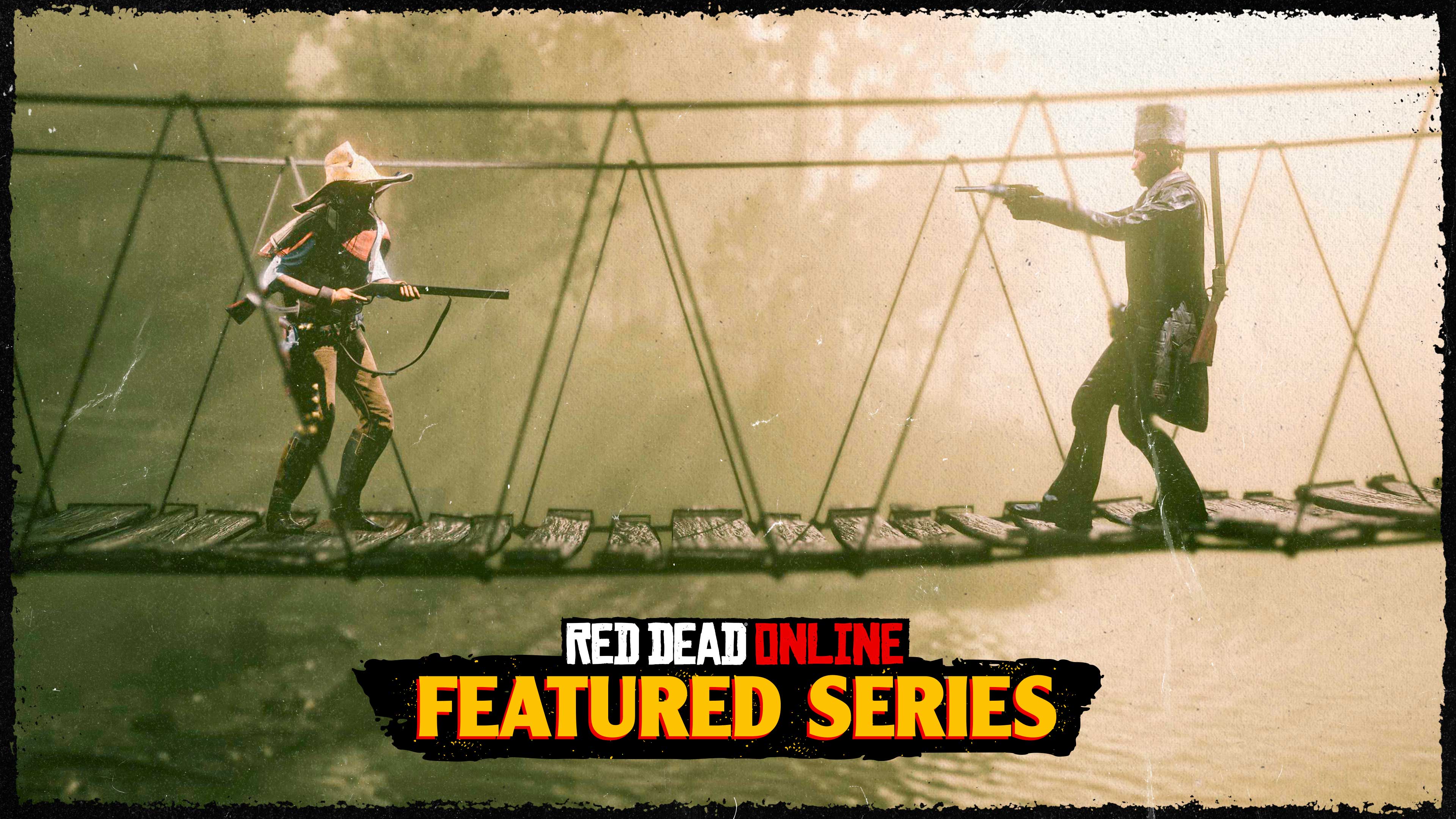 Pôster de uma Série em Destaque no Red Dead Online com dois personagens apontando armas um para o outro em uma ponte de madeira frágil.