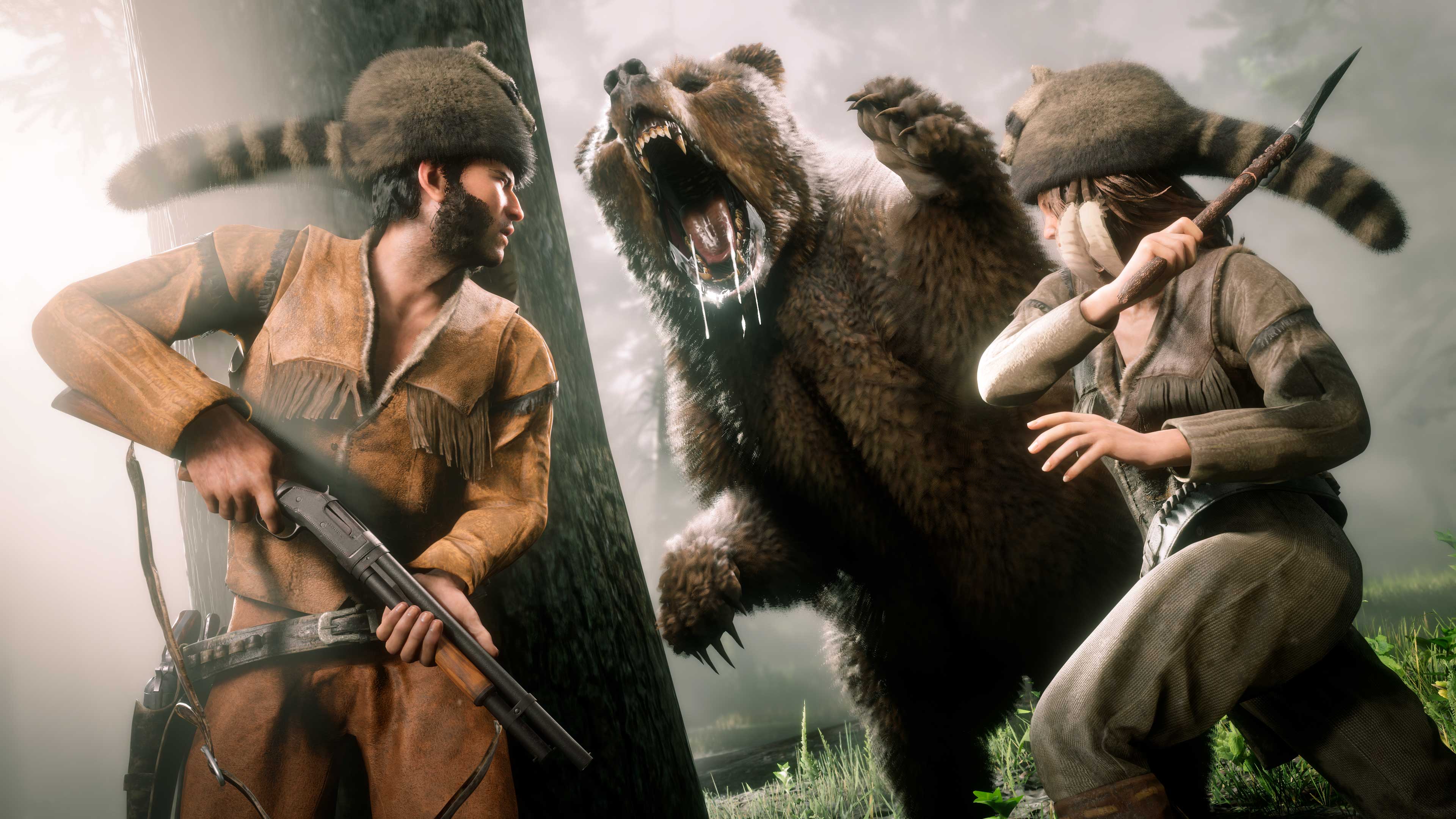 Dois personagens vestindo trajes inspirados na comunidade, um se escondendo atrás de uma árvore, o outro usando uma machadinha contra um urso que os ataca.