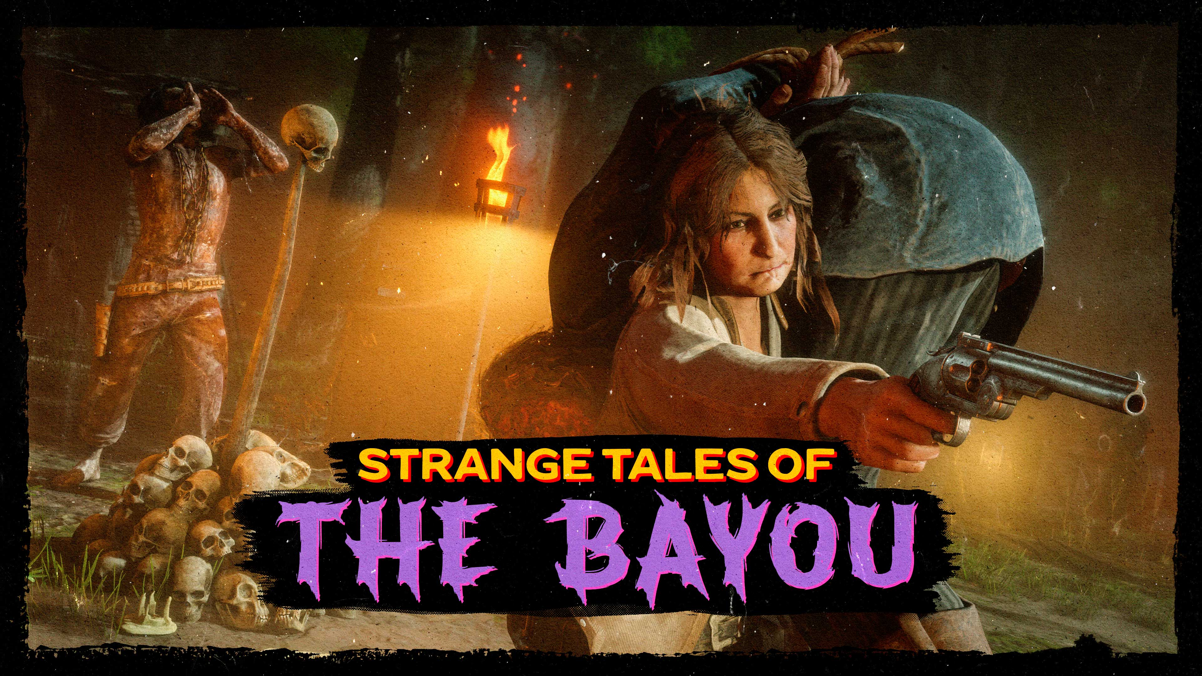 Personagem mirando um revólver enquanto corre carregando no ombro uma pessoa amarrada. No fundo, perto de uma pilha de caveiras, uma criatura do pântano grita para o céu. O texto diz “Strange Tales of the Bayou” (“Contos do Pântano”, em tradução livre).
