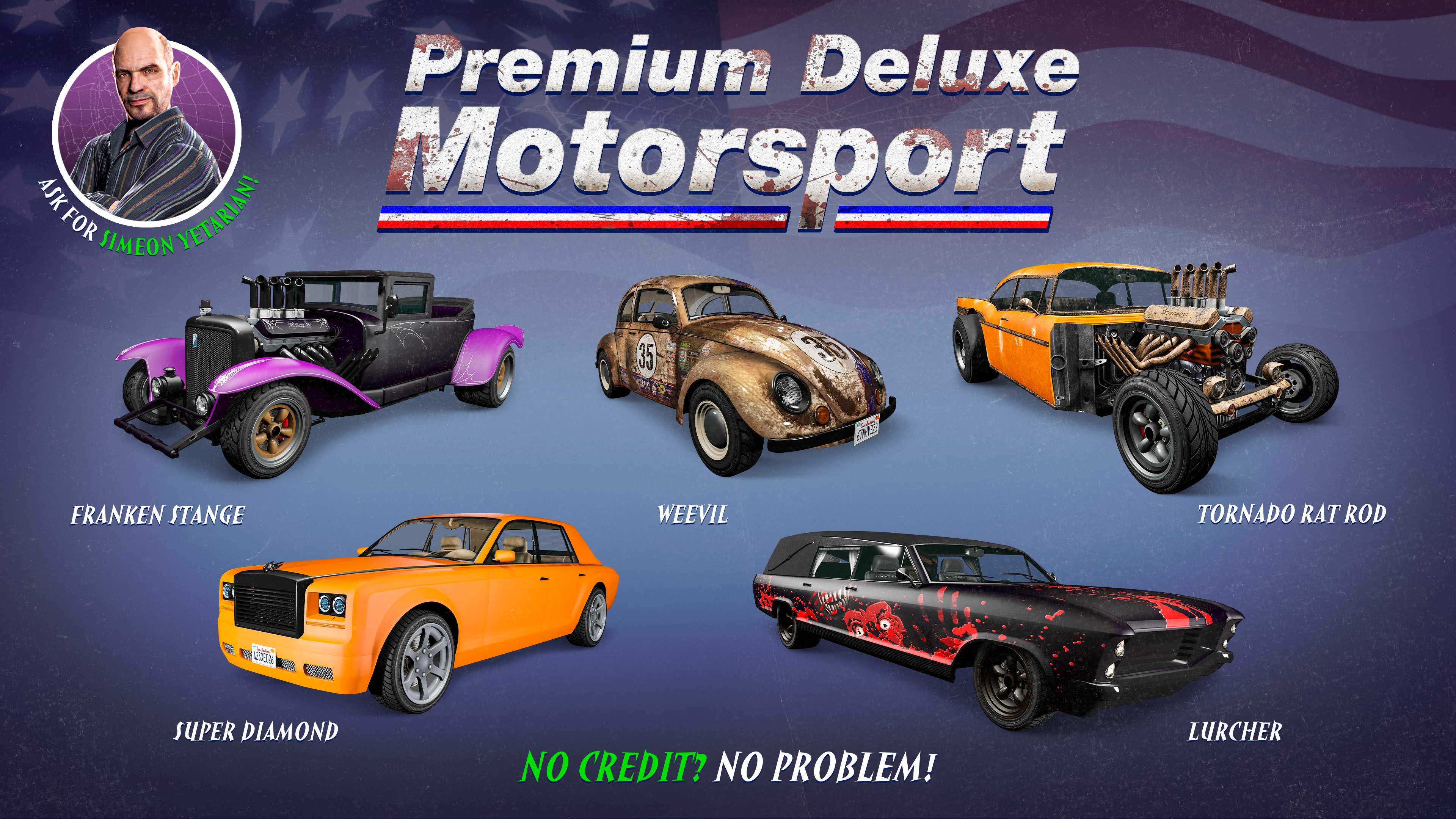 Pôster da Premium Deluxe Motorsport com cinco veículos: BF Weevil, Albany Lurcher, Albany Fränken Stange, Enus Super Diamond e Declasse Tornado Rat Rod.