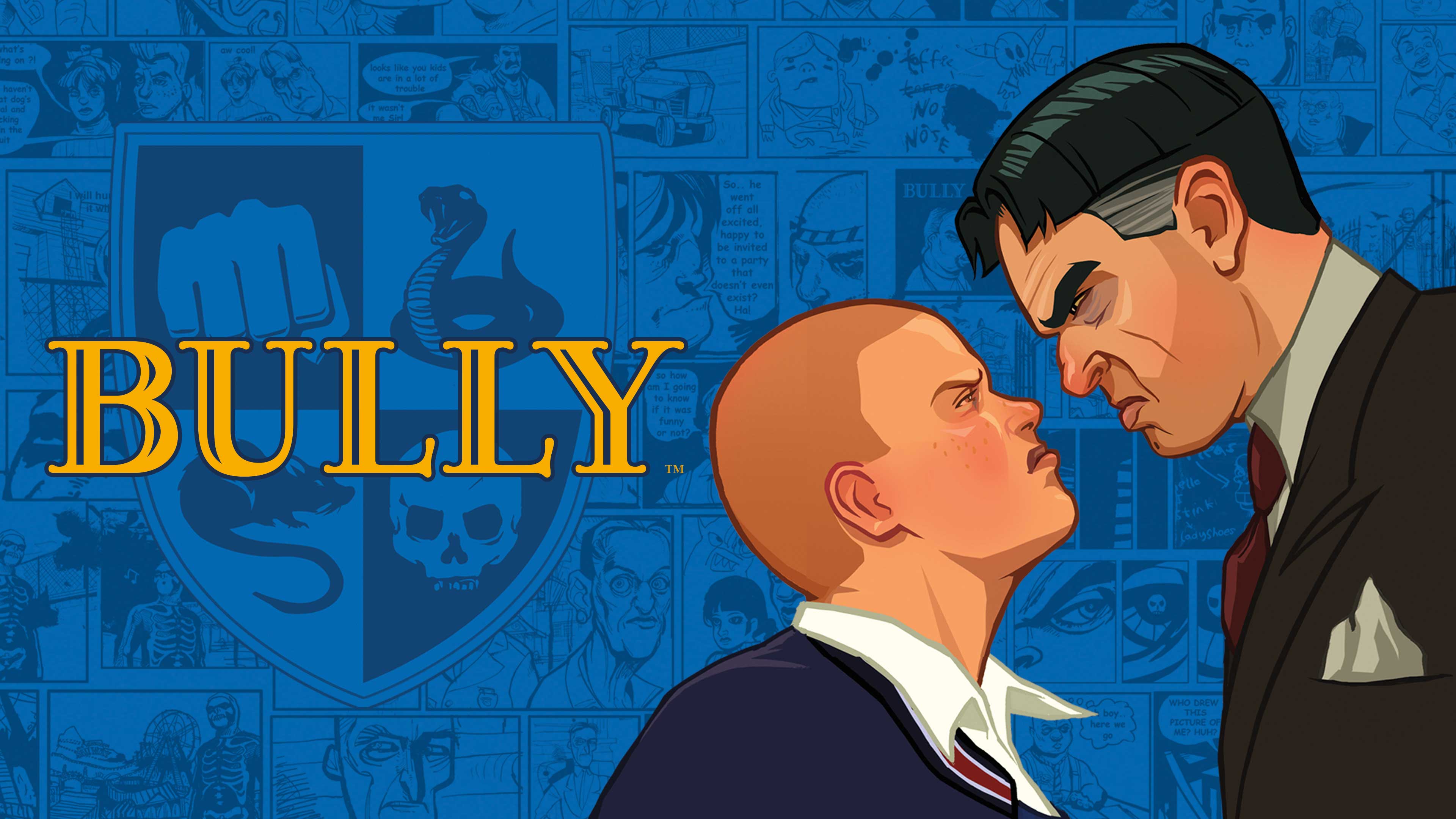 Arte de Bully, com Jimmy Hopkins, um estudante, olhando fixamente para o diretor Dr. Ralph Crabblesnitch, que está olhando fixamente para ele.