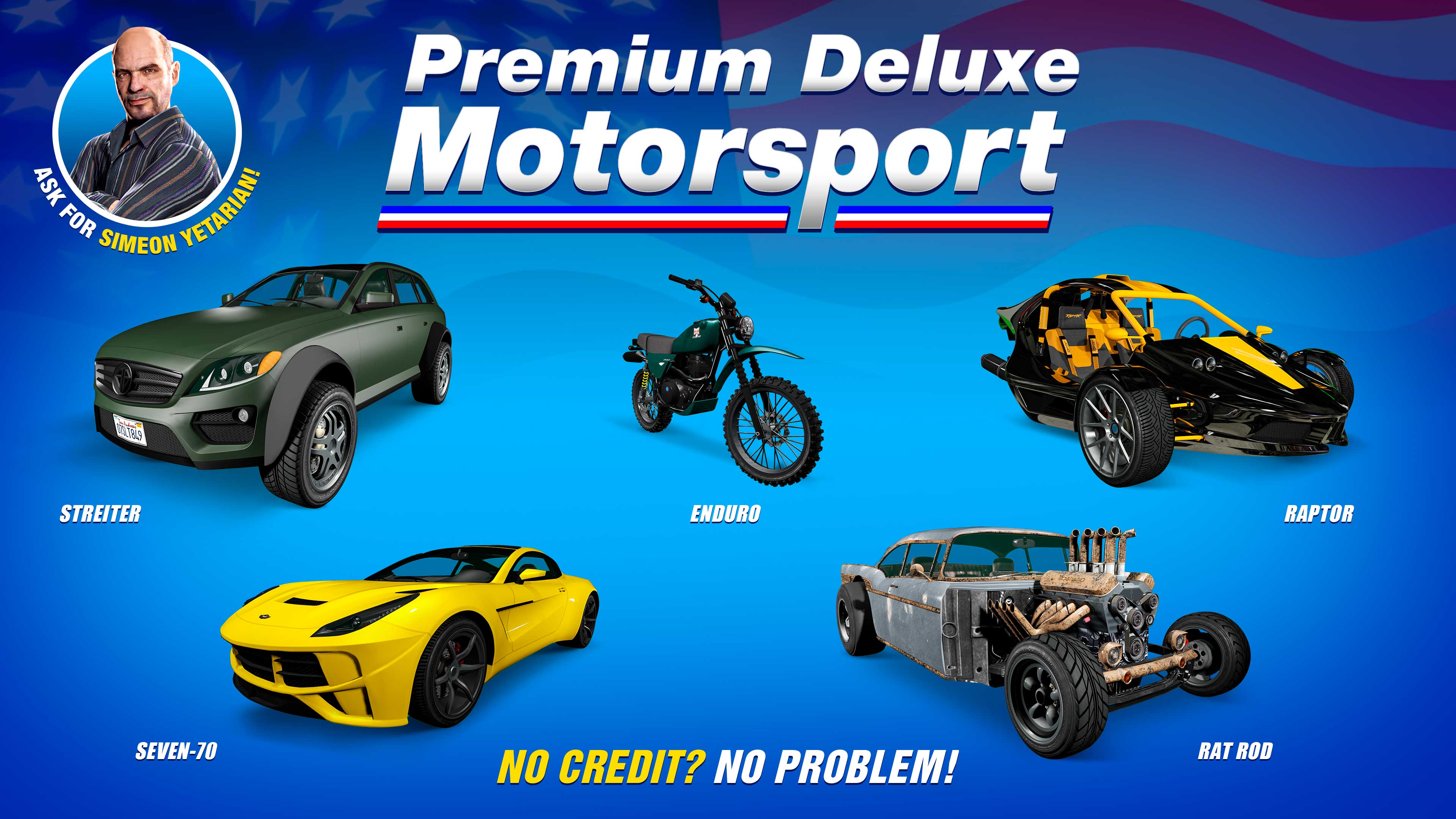 Pôster da Premium Deluxe Motorsport com cinco veículos: Dewbauchee Seven-70, Benefactor Streiter, BF Raptor, Declasse Tornado Rat Rod e Dinka Enduro.