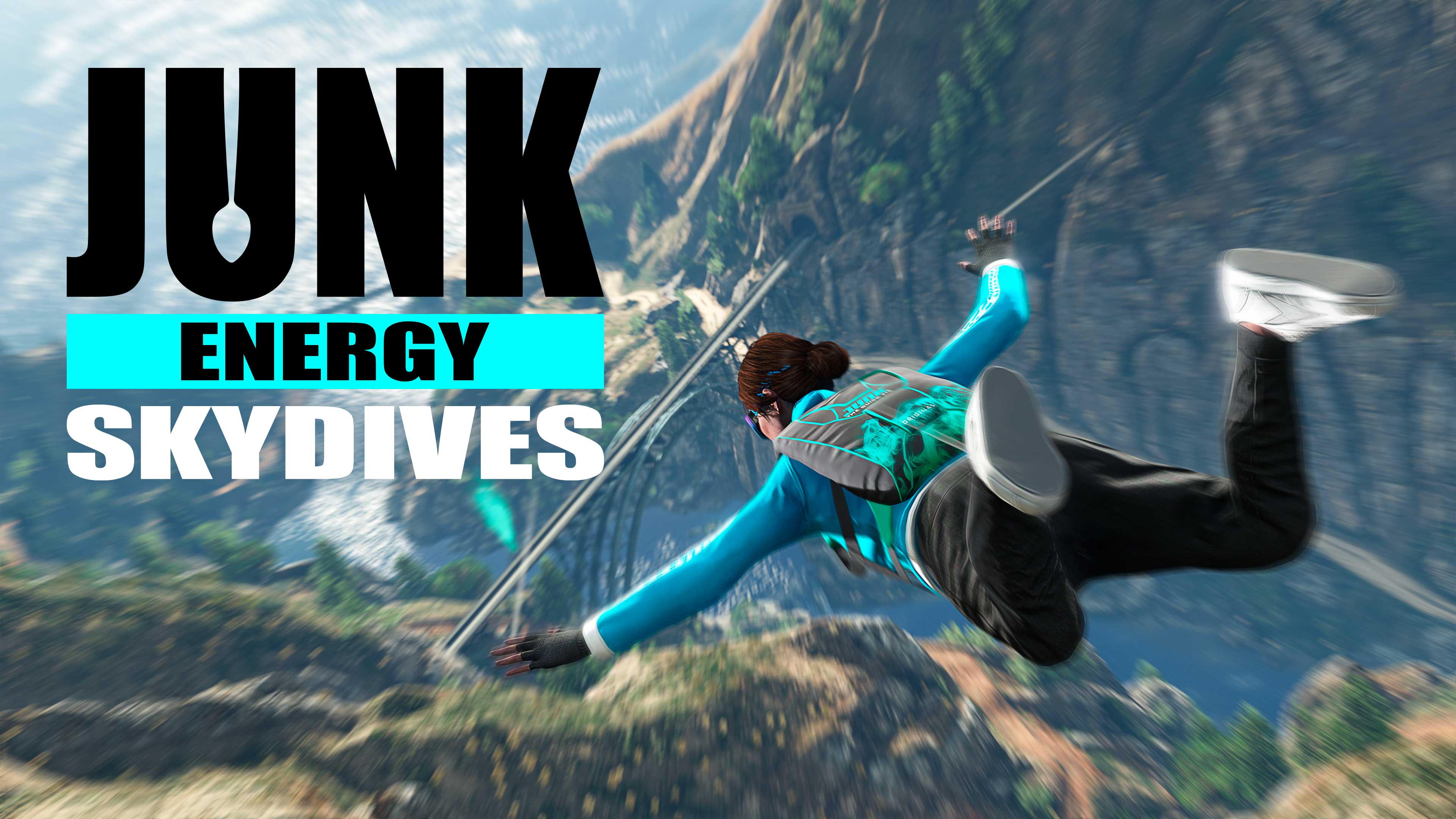 Pôster do evento Pulos Junk Energy com um personagem do GTA Online saltando de paraquedas sobre uma montanha e uma ponte enquanto usa uma mochila com a marca Junk Energy.
