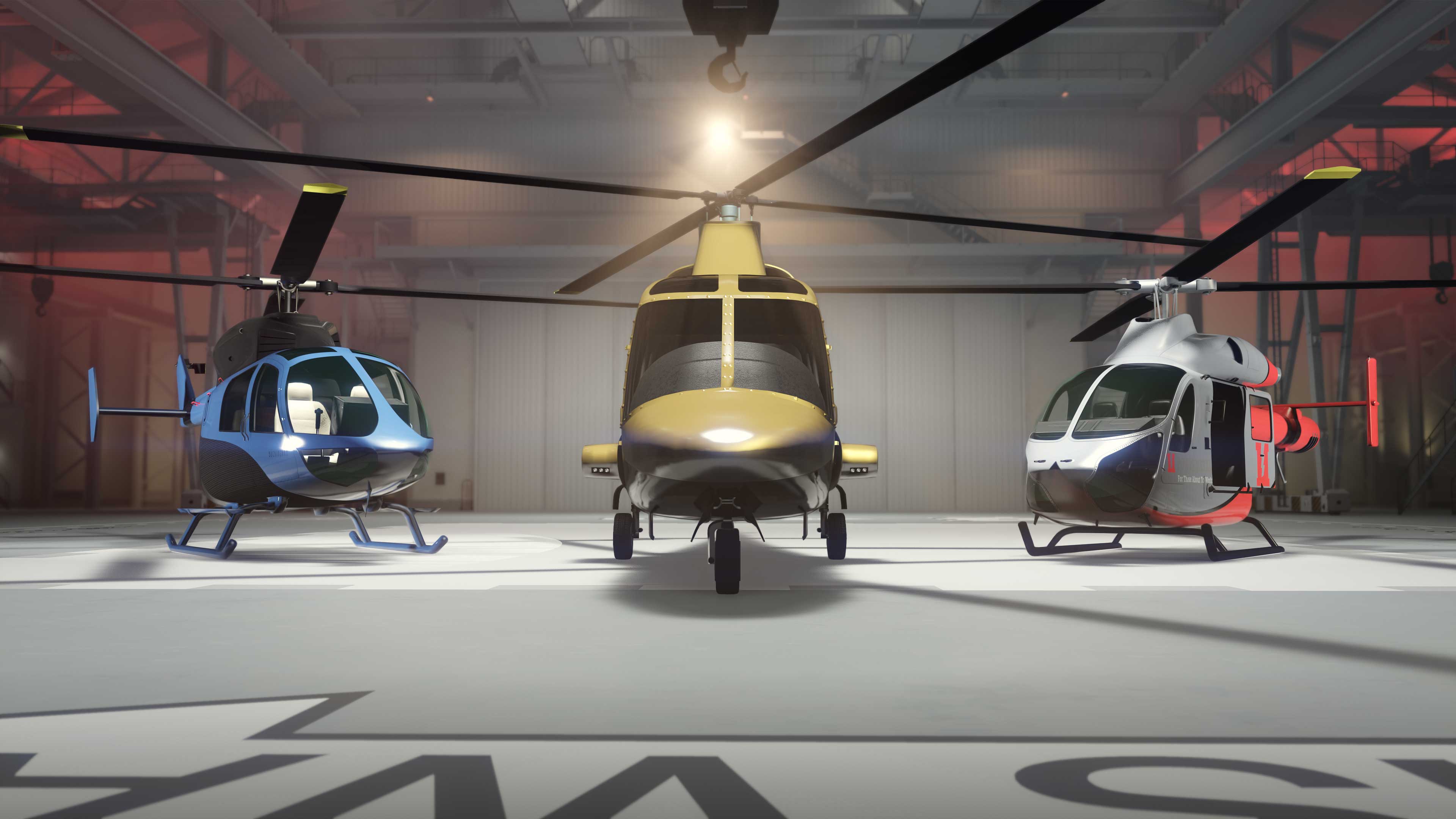 Três helicópteros Buckingham um ao lado do outro em um hangar.