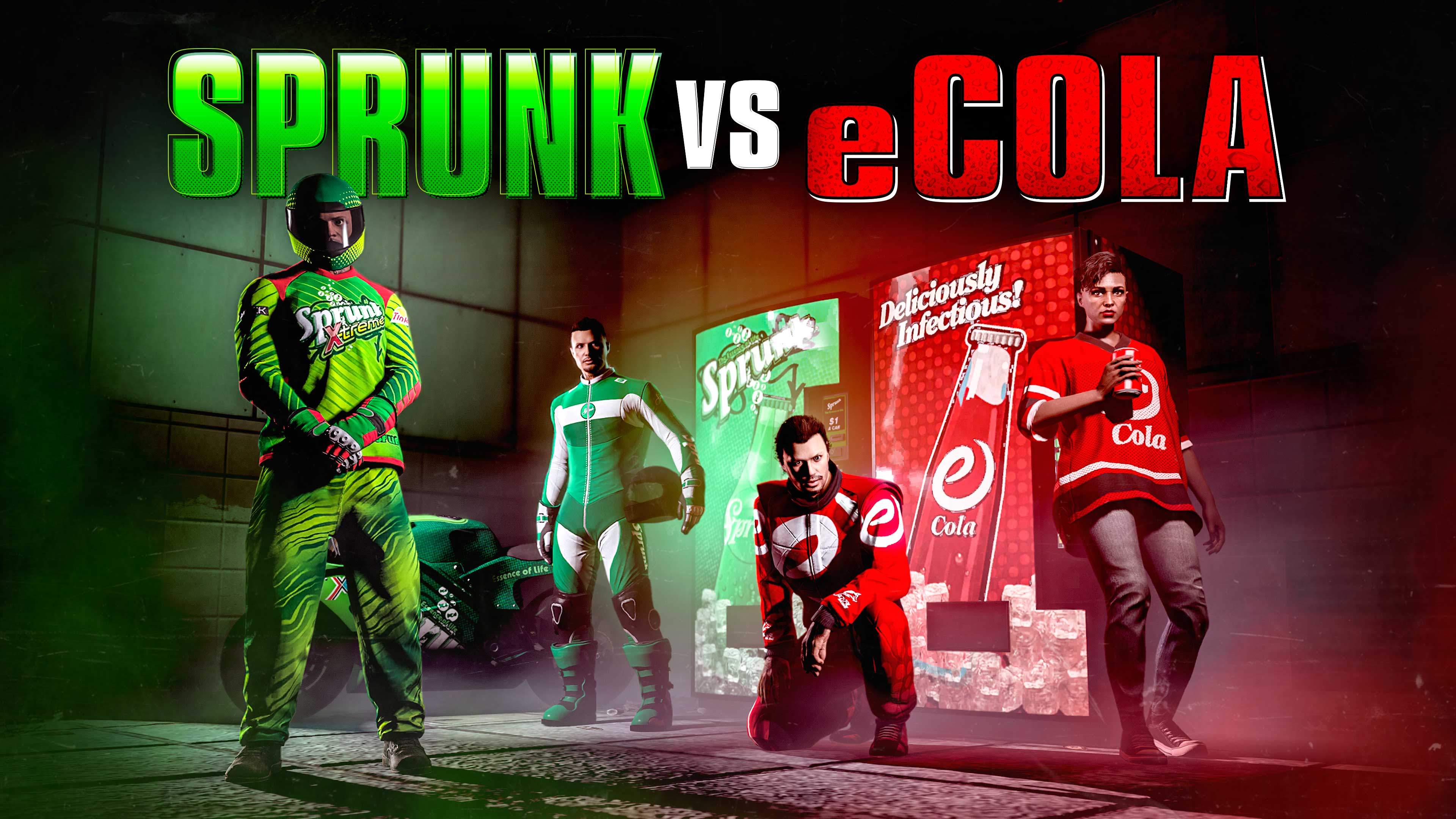 Poster della sfida Sprunk vs eCola con i personaggi di GTA Online di fronte ai distributori