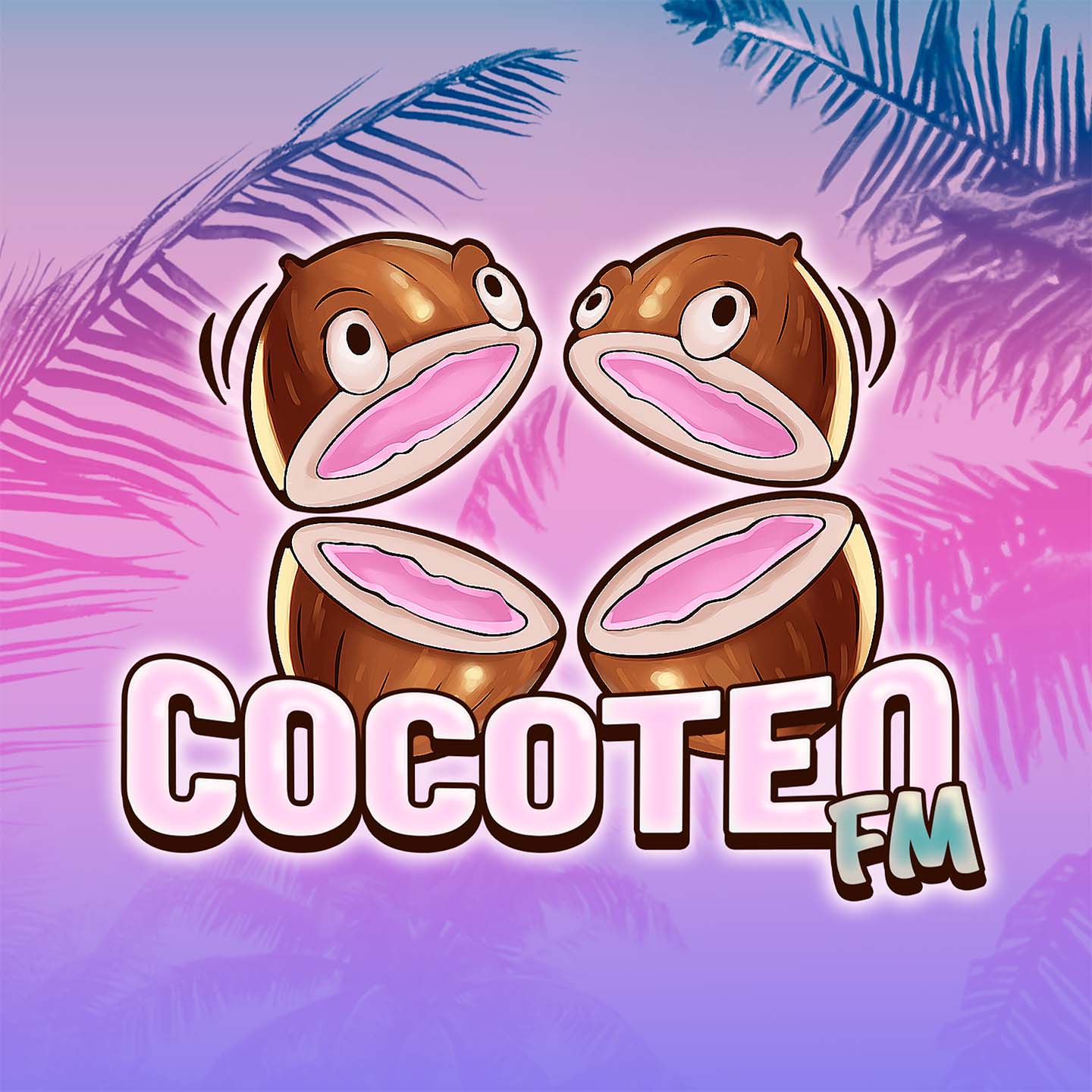 Arte oficial de Cocoteo FM, la radio de música latina de GTA 6, con dos cocos partidos que tienen ojos