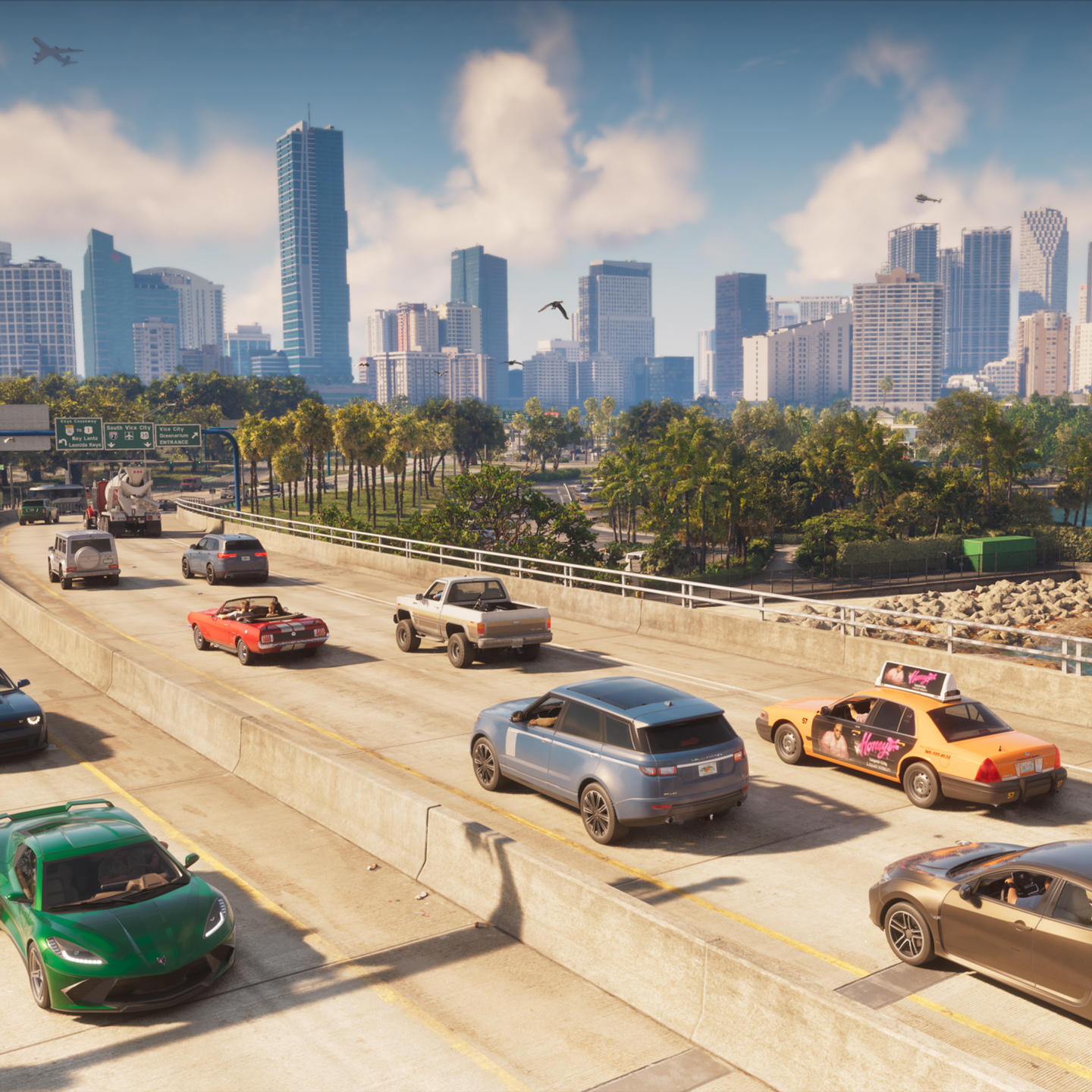 Autos en una autopista de Leonida con los edificios de Vice City al fondo, en Grand Theft Auto VI