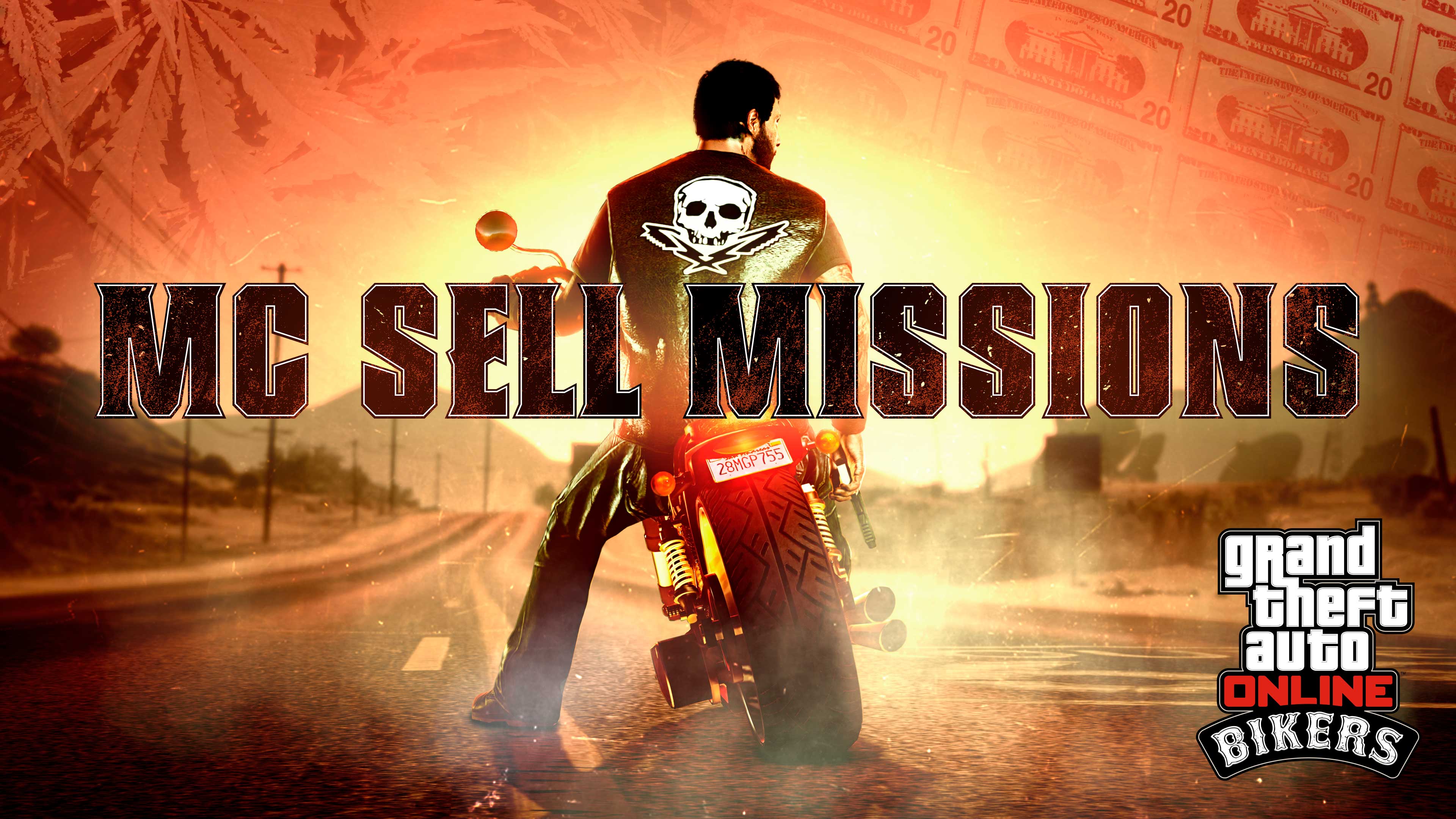 Imagem de Motoqueiro em cima de uma moto no GTA Online com logotipo de Missões de Venda de MC