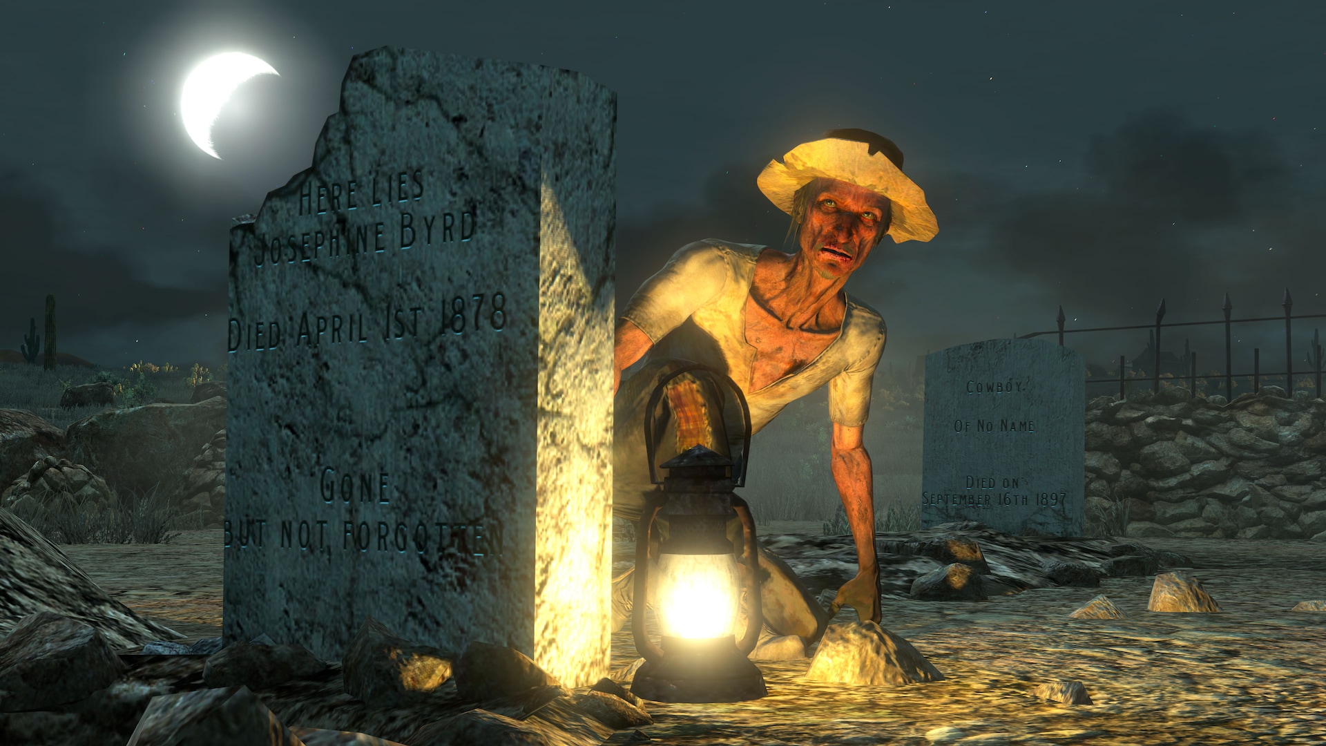 Lit by a lantern, Seth Briars kneels behind the damaged gravestone of Josephine Byrd under a crescent moon.